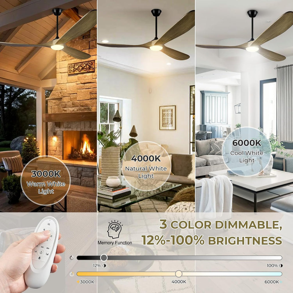 60' Ceiling Fans with Lights and Remote Control, Outdoor Ceiling Fan with Lights High CFM Quiet 3 Blade Wood Walnut Ceiling Fan,Bronze Gray