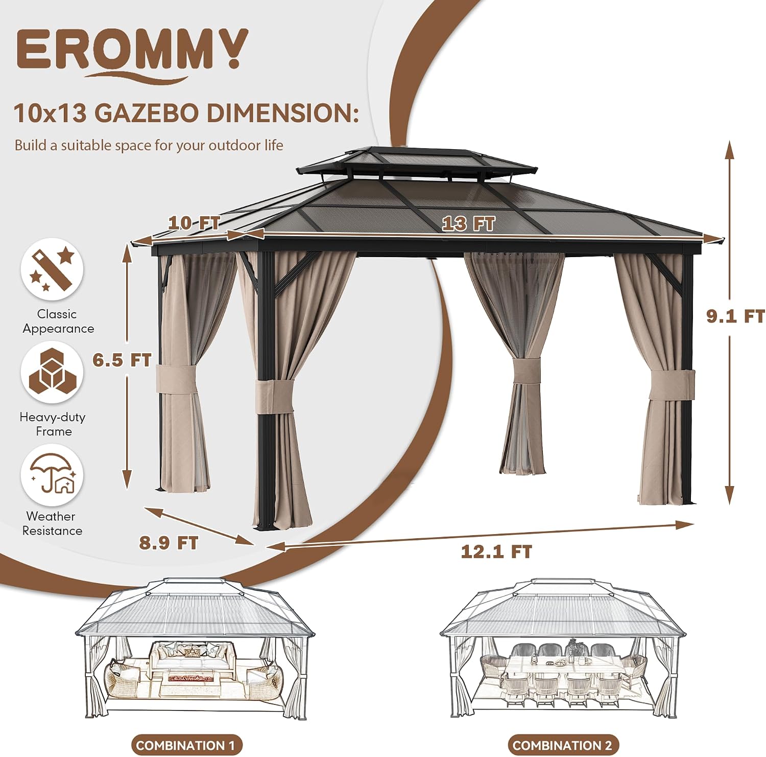 EROMMY 10'x13' Gazebo Polycarbonate Double Roof Canopy Outdoor Aluminum Frame Pergolas with Netting and Curtains for Garden Patio Lawns Parties