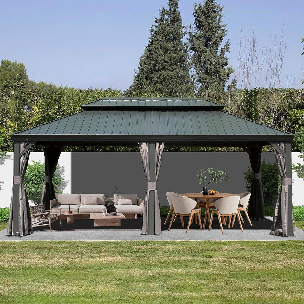 GOWE 12' X 18' Hardtop Gazebo Outdoor Metal Gazebo with Galvanized Steel Double Roof Canopy, Aluminum Frame, Curtains and Netting for Patio, Deck, Garden, Grey
