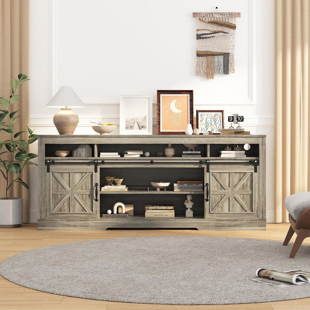 IDEALHOUSE Farmhouse TV Stand for 75 Inch TV, Entertainment Center with Storage Cabinets and Sliding Barn Doors, Media TV Console Table for Living Room Bedroom (27.6' H Gray)