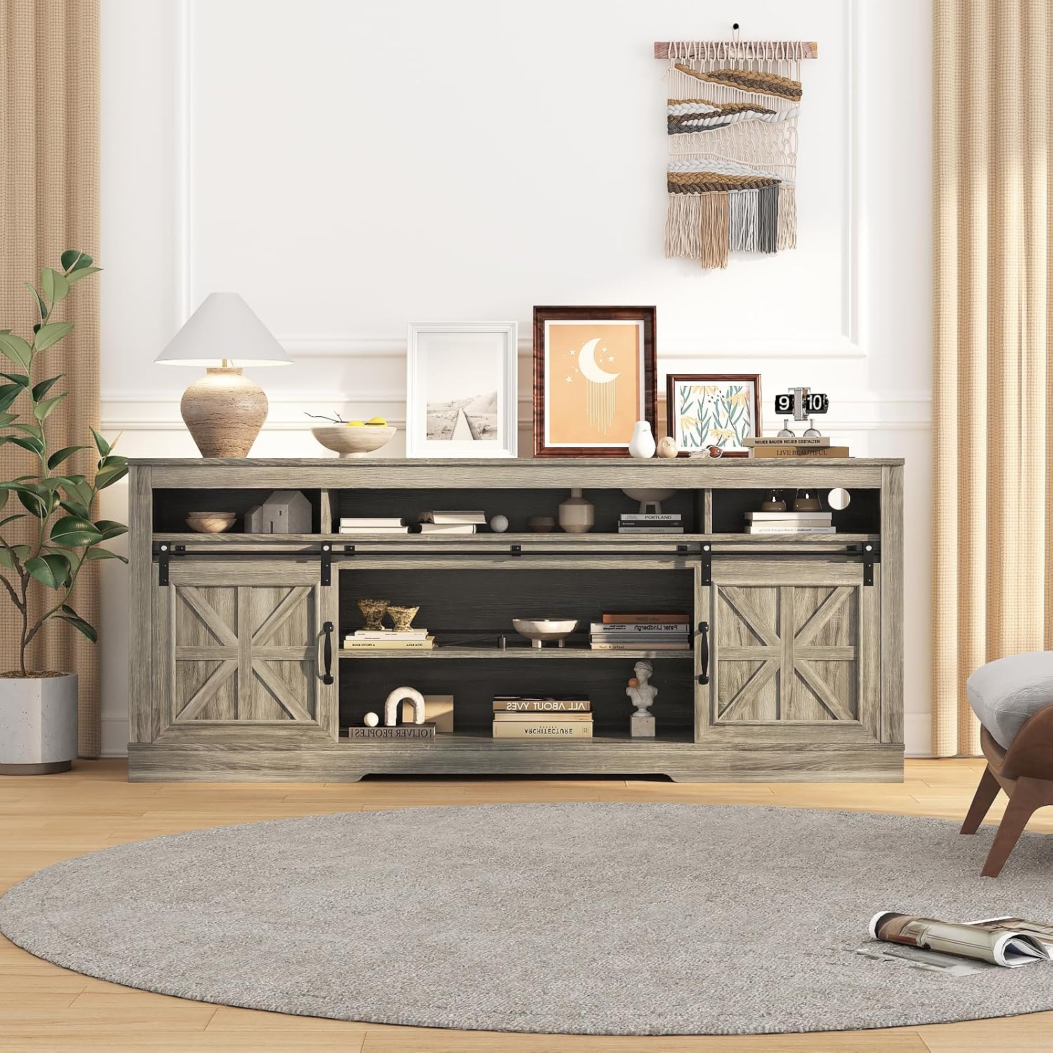 IDEALHOUSE Farmhouse TV Stand for 75 Inch TV, Entertainment Center with Storage Cabinets and Sliding Barn Doors, Media TV Console Table for Living Room Bedroom (27.6' H Gray)