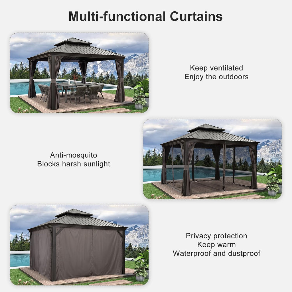 PURPLE LEAF 12' X 12' Outdoor Gazebo with Metal Roof Permanent Hardtop Gazebo with Light for Patio Lawn and Garden Grey