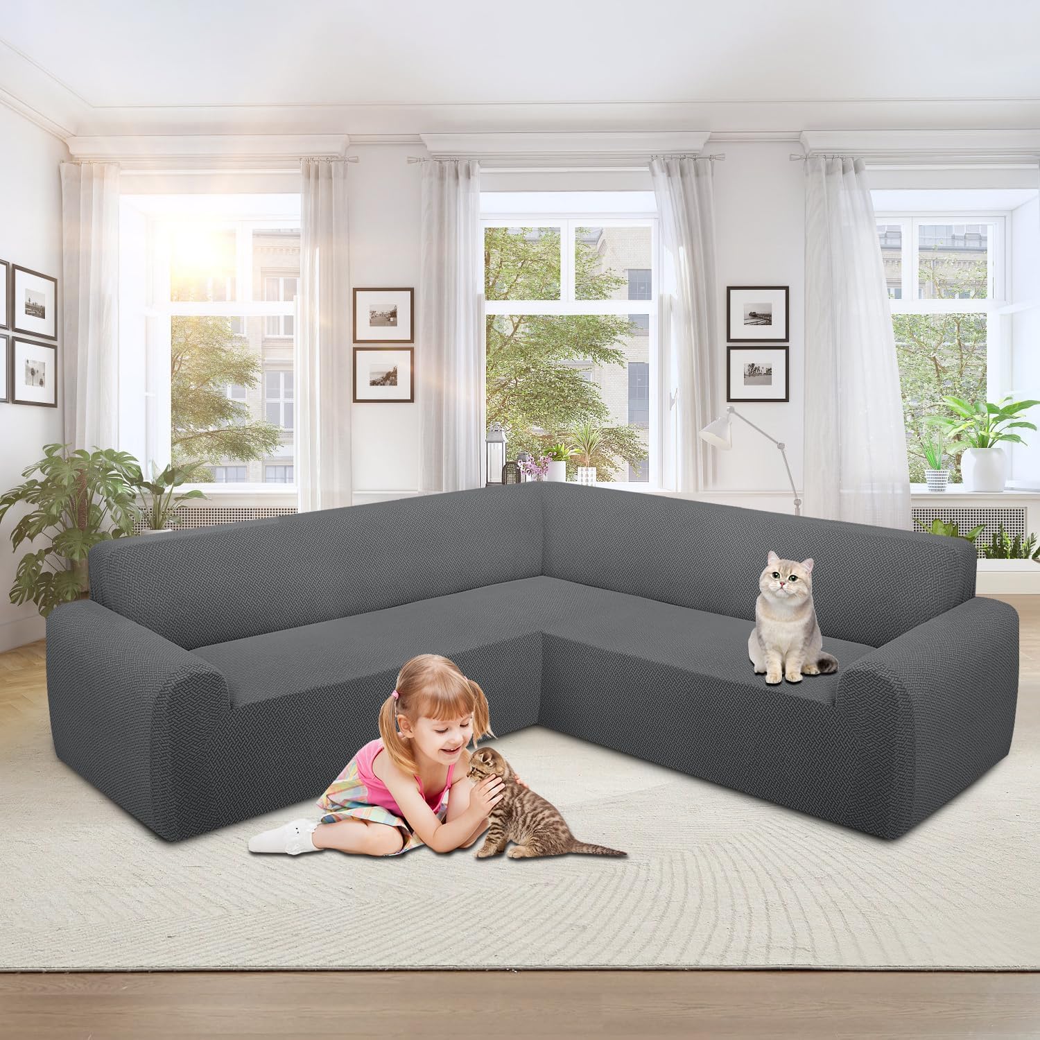 ALIECOM Stretch Corner Sectional Couch Covers L Shape Sofa Covers Washable Sectional Slipcovers U Shape Jacquard Living Room Pet Dogs Furniture Protector with Elastic Bottom (Medium Gray, X-Large)