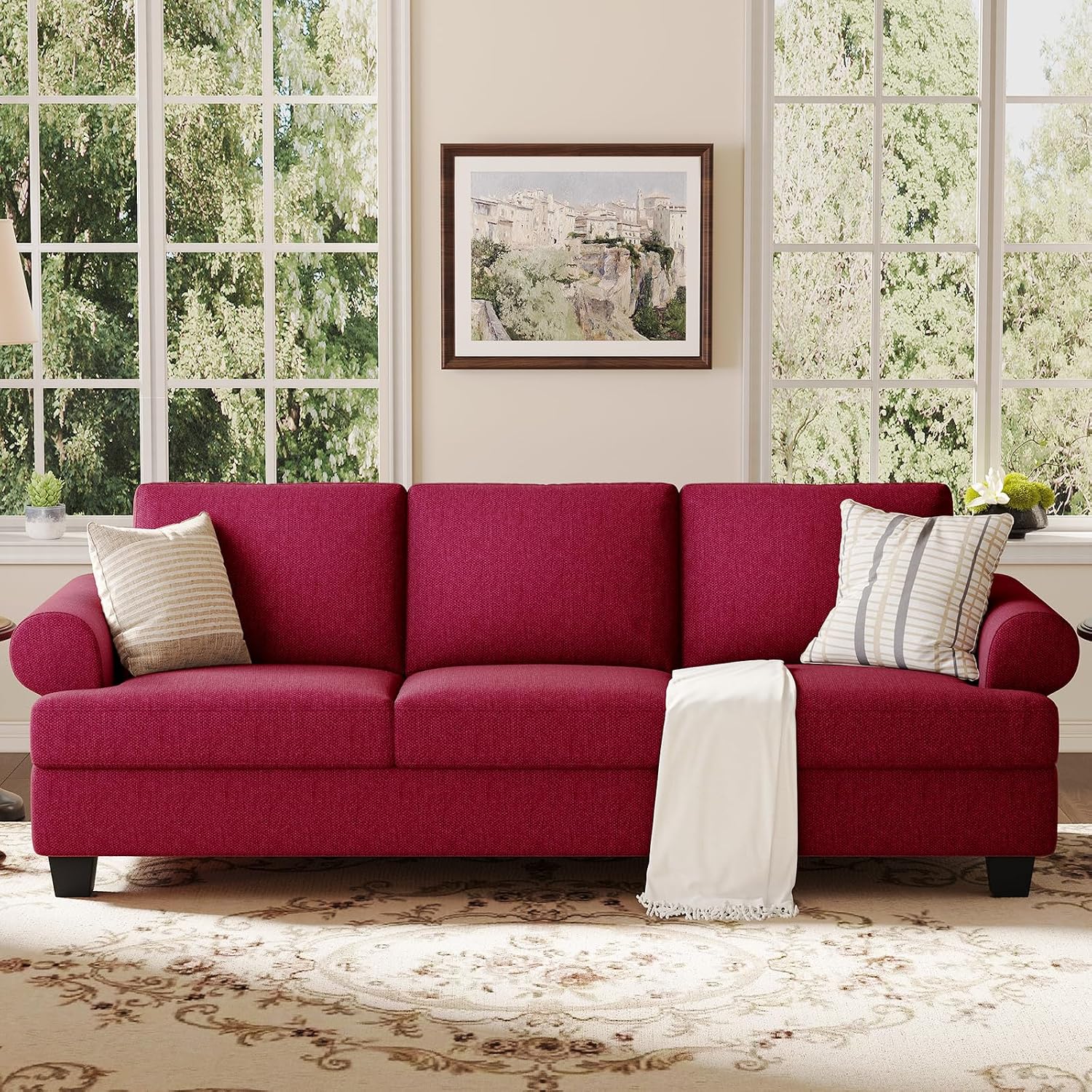 COPIAE 91 Inch Lawson Sofa with Extra Deep Seats Oversize, Mid-Century 3-Seat Sofa Couch, for Living Room, Apartment, Lounge, Red