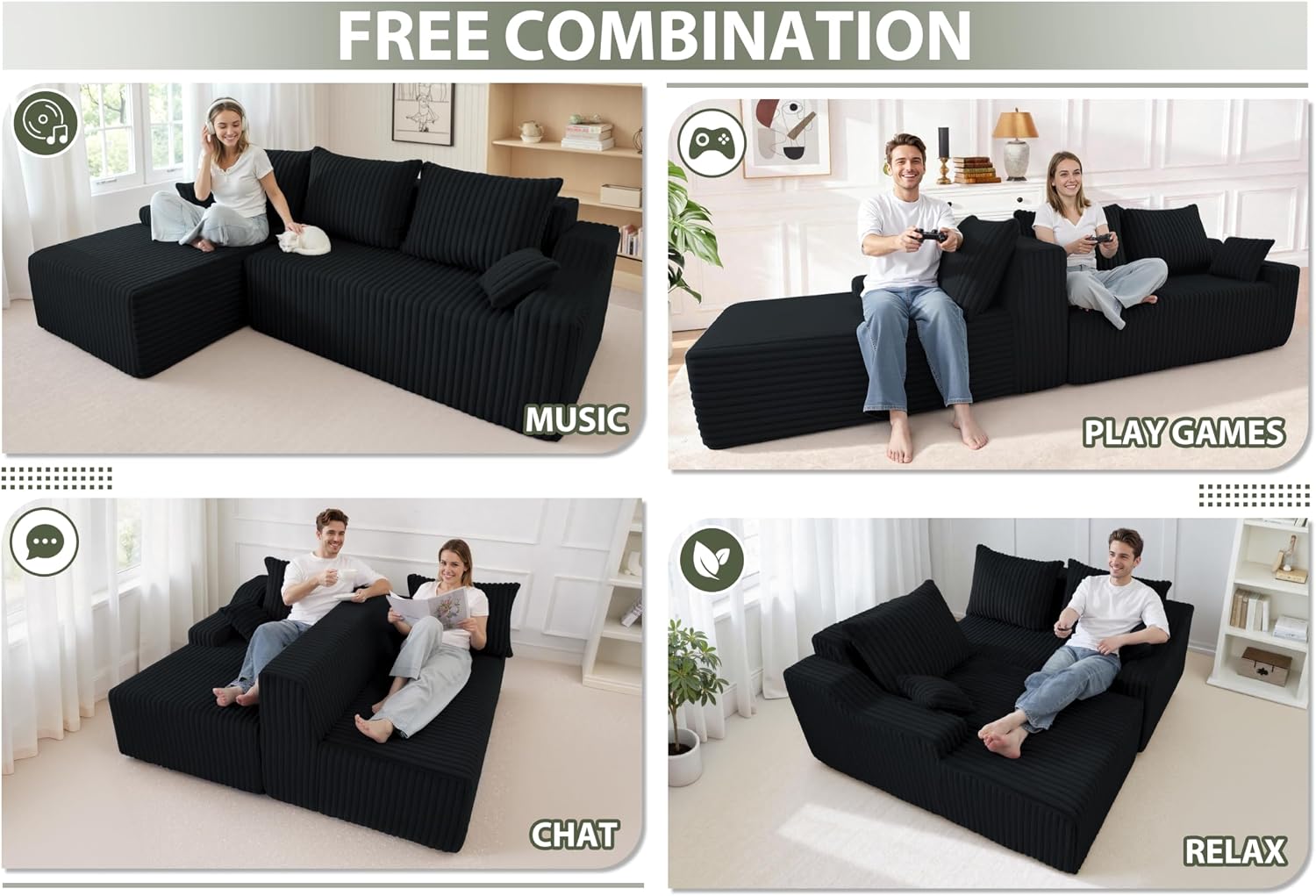 HABUTWAY 94'' Cloud Sectional Couch, Boneless Sofa with Deep Seat, Modular Comfy L-Shape Couch with Chaise for Living Room Bedroom, No Assembly Required(Black,Left Facing Chaise)