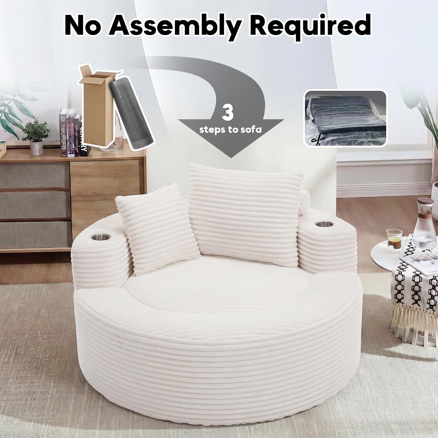 Oversized Round Chair Lounge Chaise Indoor, 55.5' Upholstered Corduroy Deep Seat Single Cloud Sofa Chair with Cup Holder, Modern Large Circle Boneless Sleeper Sofa for Living Room, Beige White