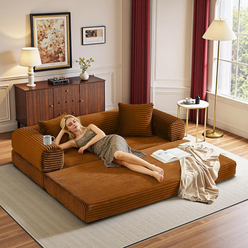 Boneless Couch Futon Sofa Bed Sectional Couches for Living Room,Cloud Couch with Sleeper Sofa,Sofas for Living Room Oversized Corduroy Upholstered (Orange, 76 Inches (No Iron Frame))