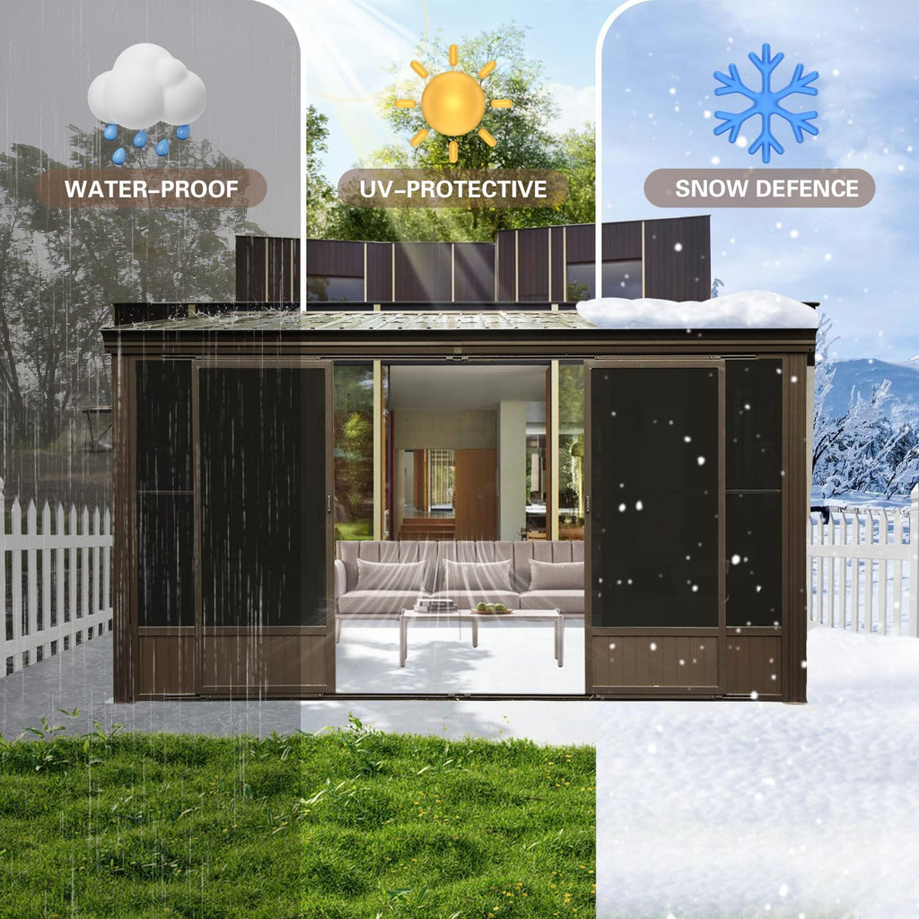 Domi 10x12FT Wall-Mounted Sunroom Gazebo, Aluminum Solarium with Galvanized Steel Sloping Roof, Detachable PVC Screens, Front & Side Sliding Doors, Outdoor Sun Room Lean to Gazebo for Patio Deck Lawn