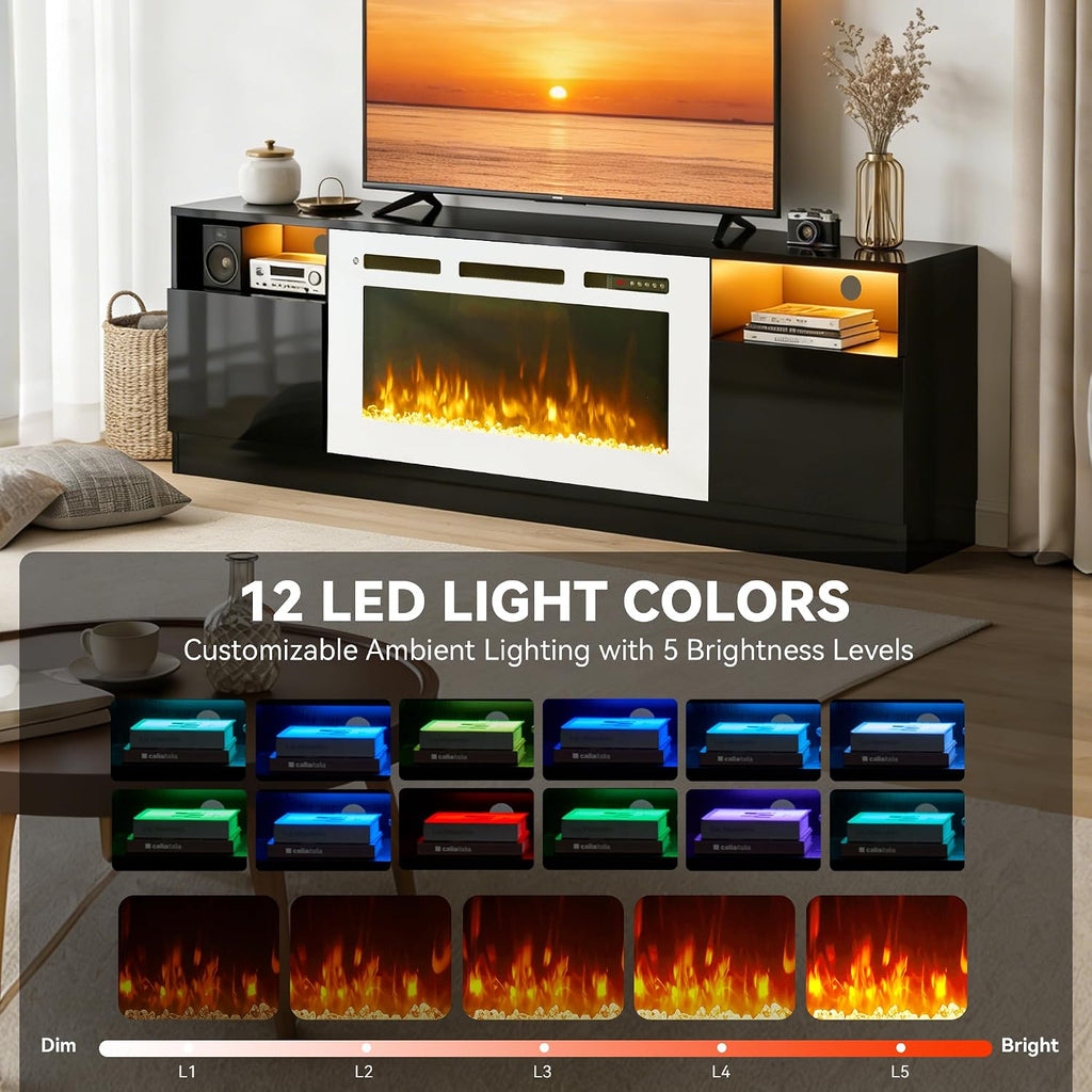 70' Fireplace TV Stand, LED Light Entertainment Center for TVs Up to 80', High-Gloss Door, Modern TV Console for Living Room with Storage Cabinet, Black+White