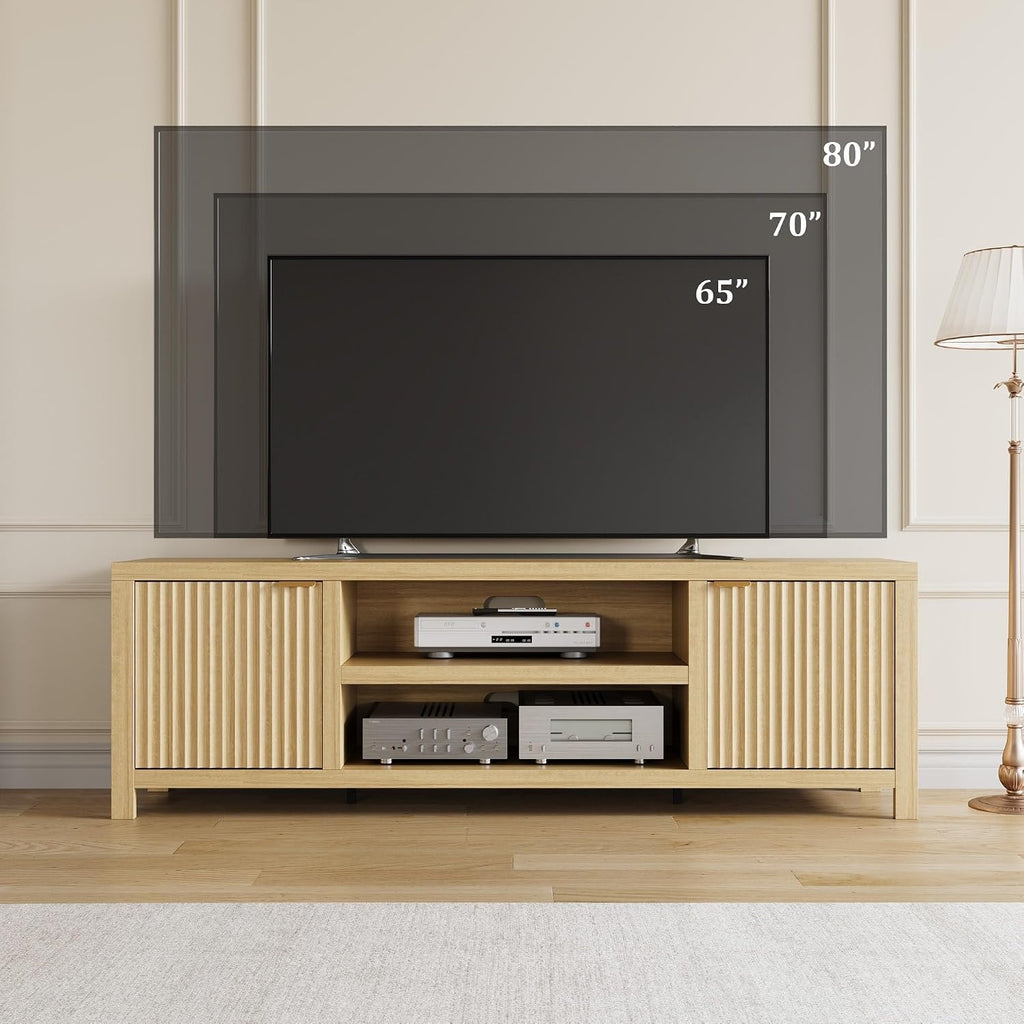 IDEALHOUSE Fluted TV Stand for 75+'', Modern Entertainment Center with 2-Tier Storage & Adjustable Shelves, Media Console Cabinet with 2 Fluted Doors & Gold Handle for Living Room Bedroom, Natural Oak