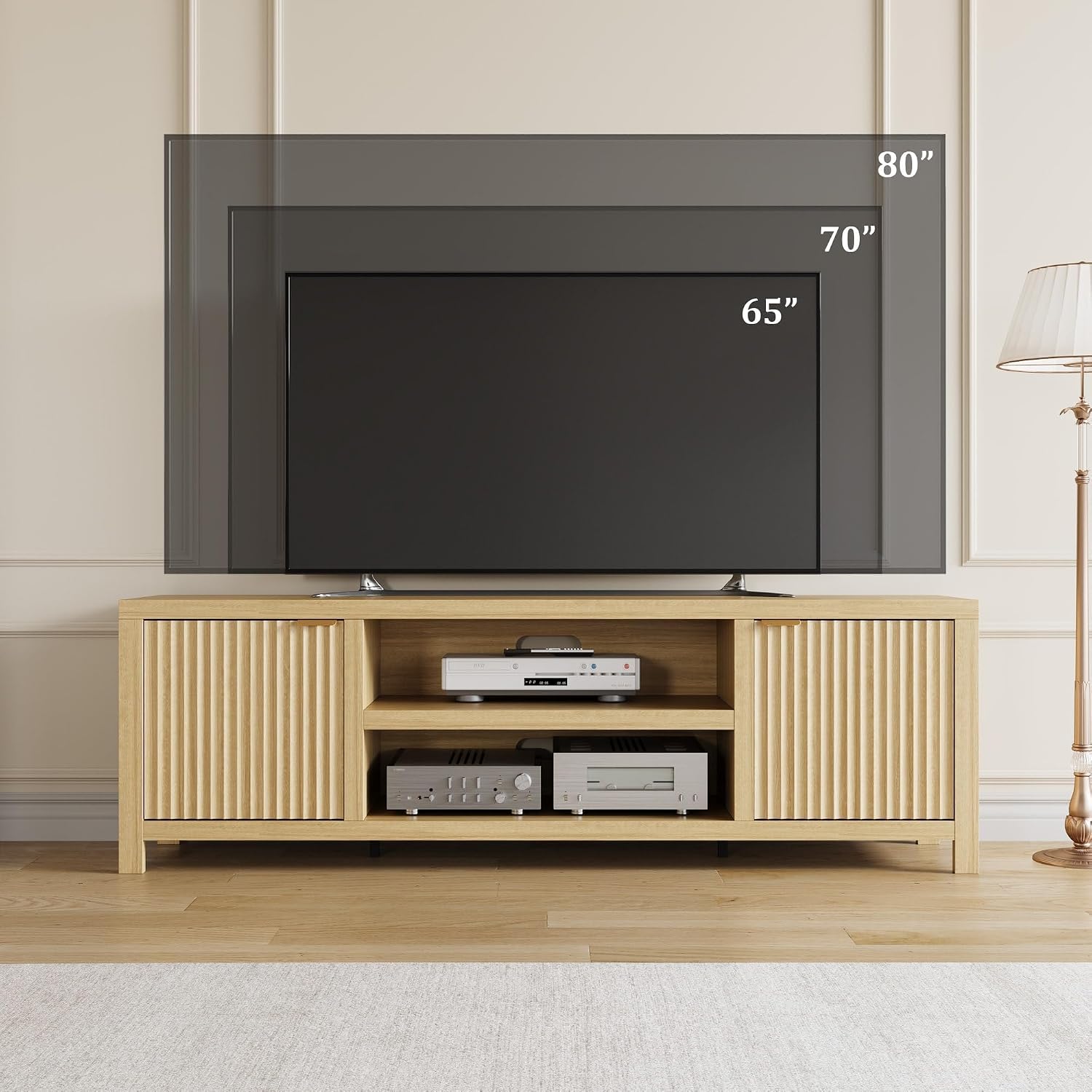 IDEALHOUSE Fluted TV Stand for 75+'', Modern Entertainment Center with 2-Tier Storage & Adjustable Shelves, Media Console Cabinet with 2 Fluted Doors & Gold Handle for Living Room Bedroom, Natural Oak