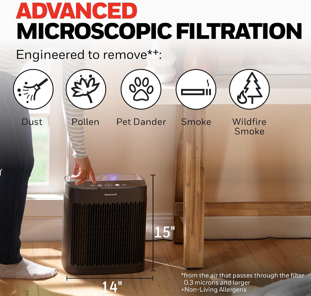 Honeywell Allergen Plus HEPA Air Purifier for Home, Large Rooms up to 900 Ft², Turbo Clean, HEPA Filter Reduces Allergens, Dust, Pollen, Pet Dander, All Smoke Types, Odors, Black, HPA5100B