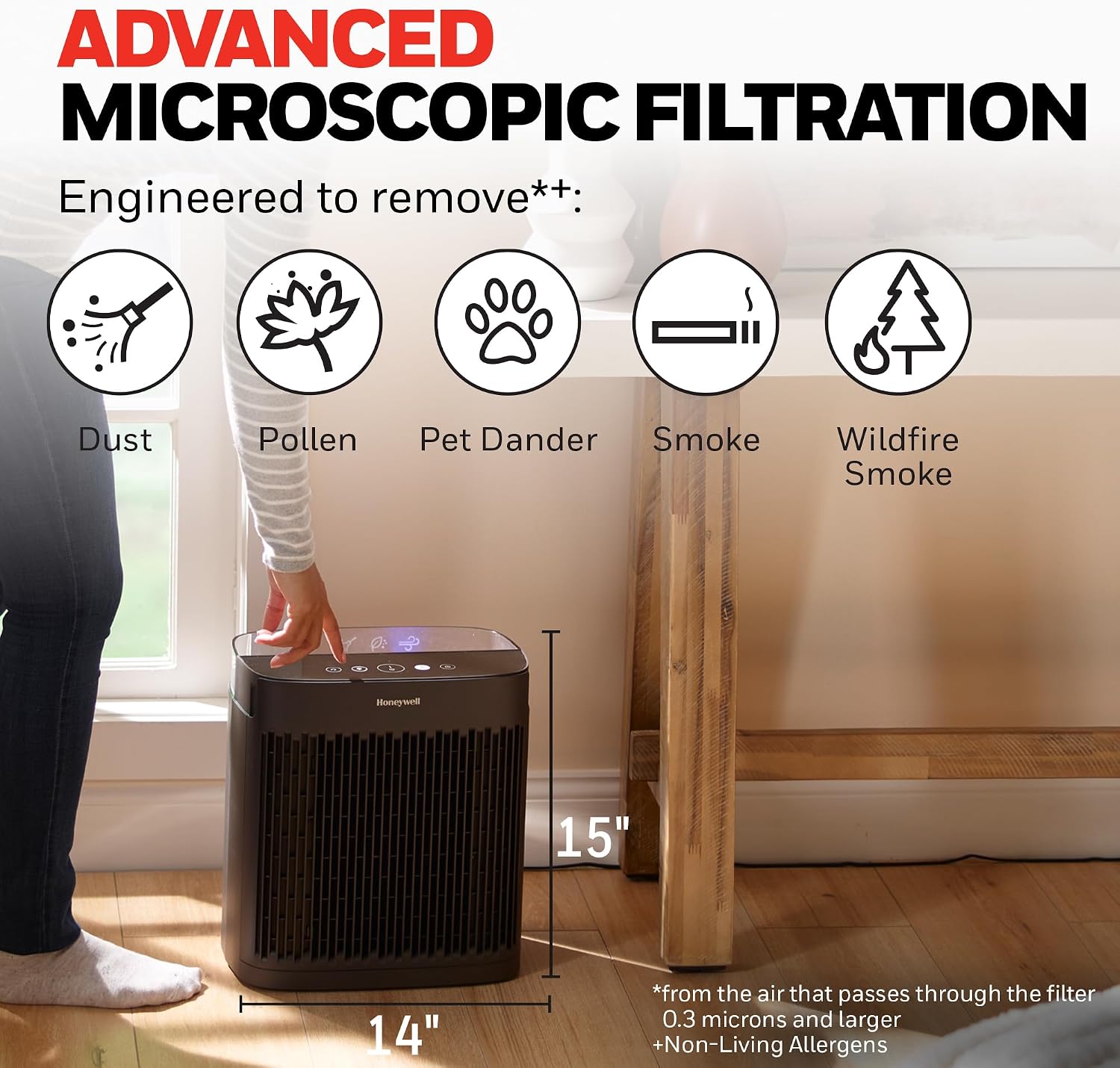 Honeywell Allergen Plus HEPA Air Purifier for Home, Large Rooms up to 900 Ft², Turbo Clean, HEPA Filter Reduces Allergens, Dust, Pollen, Pet Dander, All Smoke Types, Odors, Black, HPA5100B
