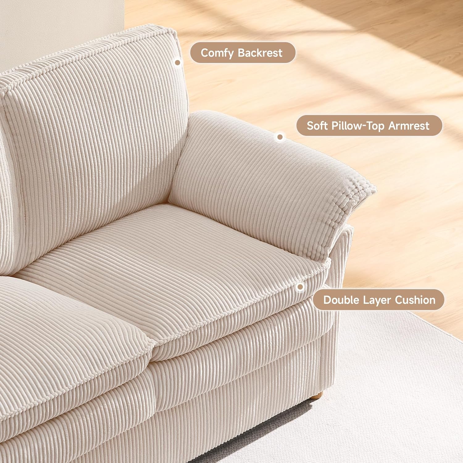 ONBRILL 86.6' Corduroy Couches for Living Room, Comfy 3 Seater Sofa with Pillow-Top Armrest & Dual-Layer Cushions, Mid Century Modern Couch for Bedroom, Apartment, Beige
