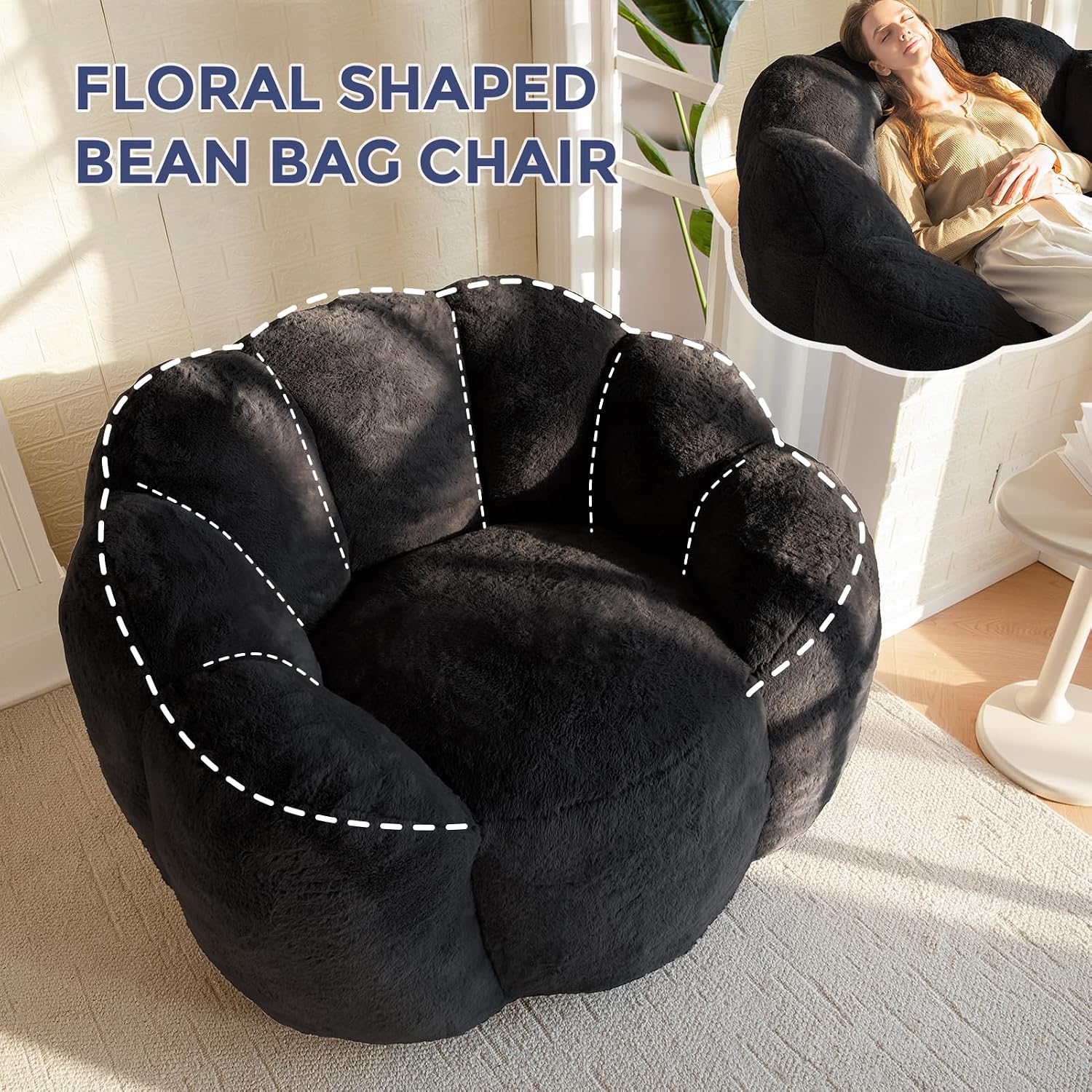 MAXYOYO Bean Bag Chair for Adults, Floral Shaped Bean Bag Sofa, Ultra Soft Faux Fur Floor Sofa, Large Reading Chair for Living Room Bedroom, Black, Single
