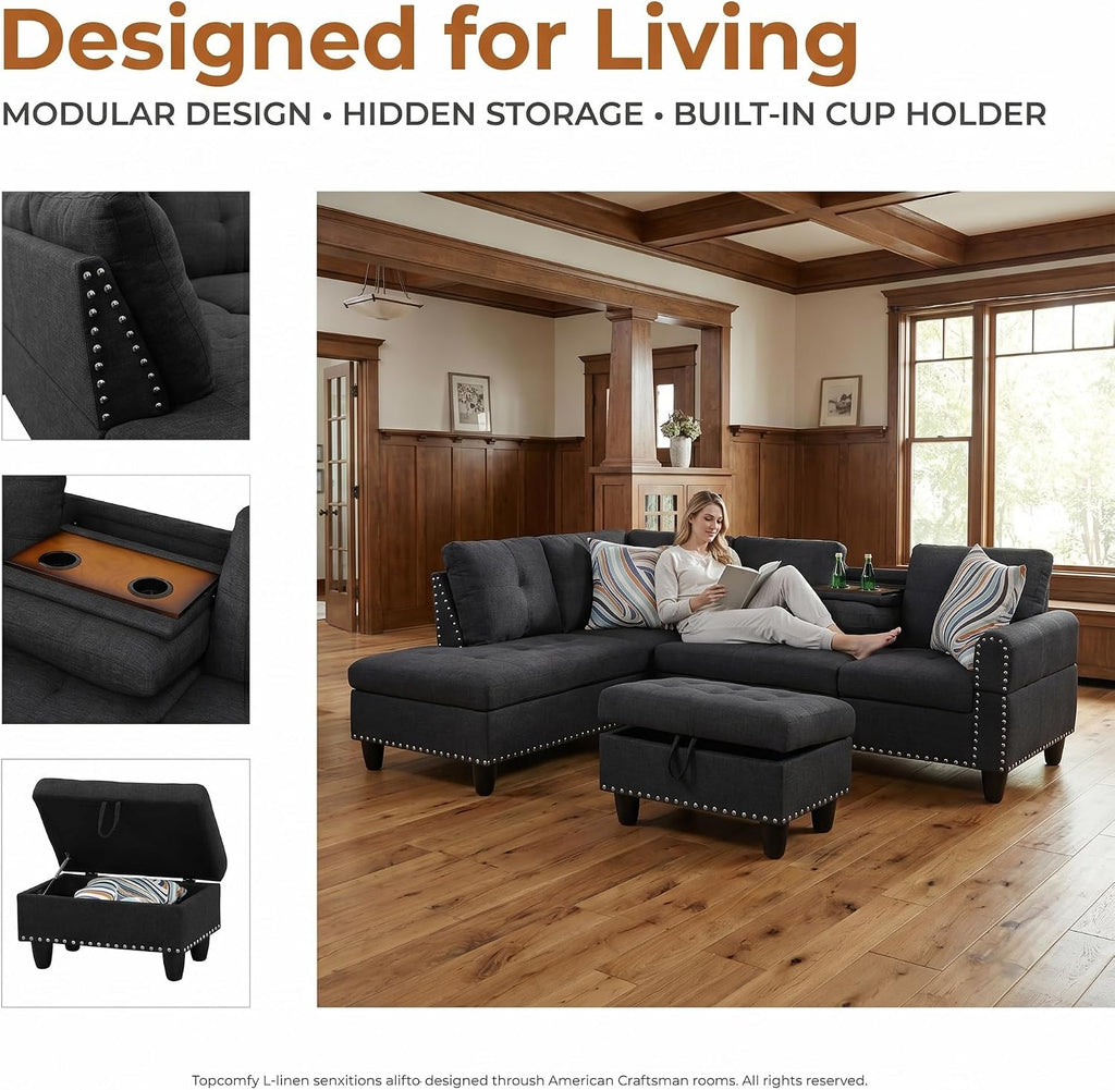97.5' L Shaped Couch Set Linen, Modular Sectional Couches for Living Room with Storage Ottoman, 4 Seat Home Sofa Living Room Furniture Sets with Chaise for Apartment Office (Black Grey)