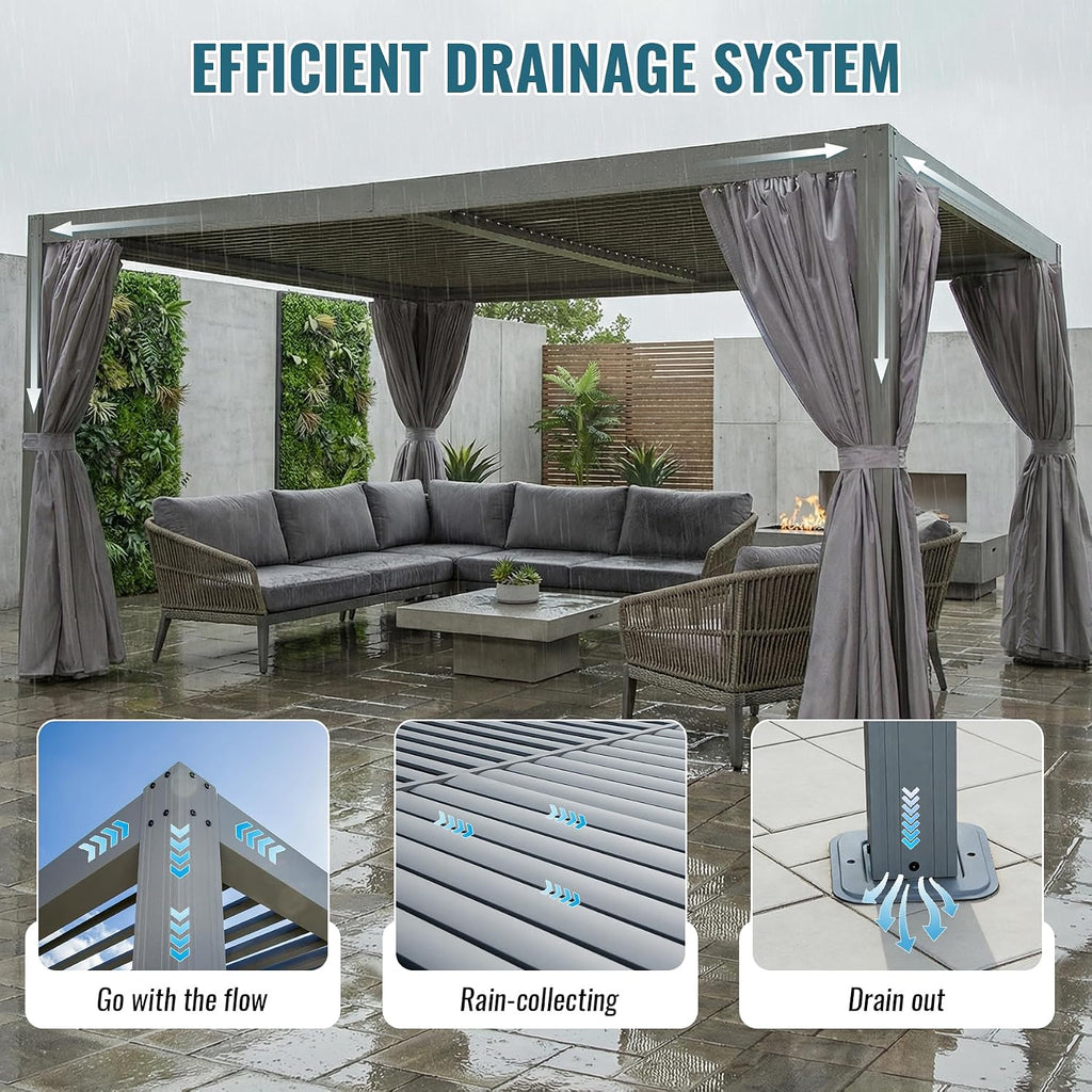 Domi 10x13FT Louvered Pergola Aluminum Structure Outdoor Pergola with Adjustable Roof Patio Pergola for Backyard Garden, Curtains and Netting, Dark Gray