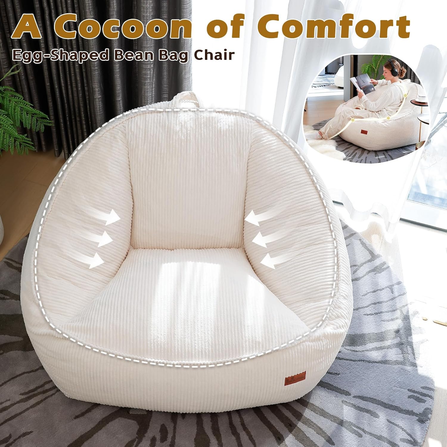 Bean Bag Chair, Cozy Fluffy Beanbag Chairs with Filler for Teens and Kids, Floor Lazy Sofa for Living Room Gaming & Reading (M-Beige)