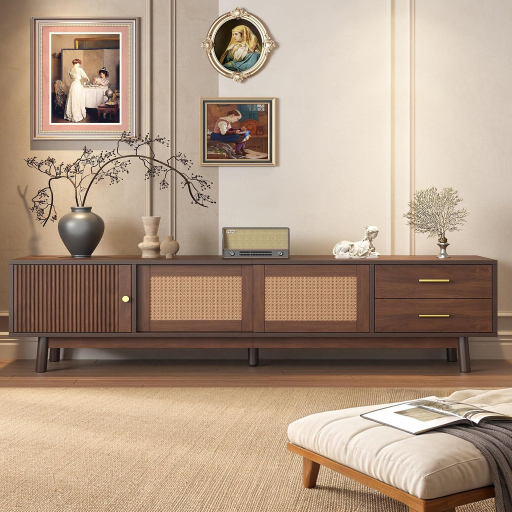 Merax 70' TV Stand with Storage for 65-75 inch TV, Fluted Wood Entertainment Center with Sliding Rattan Doors and Drawers for Living Room, Mid Century Modern Media Console