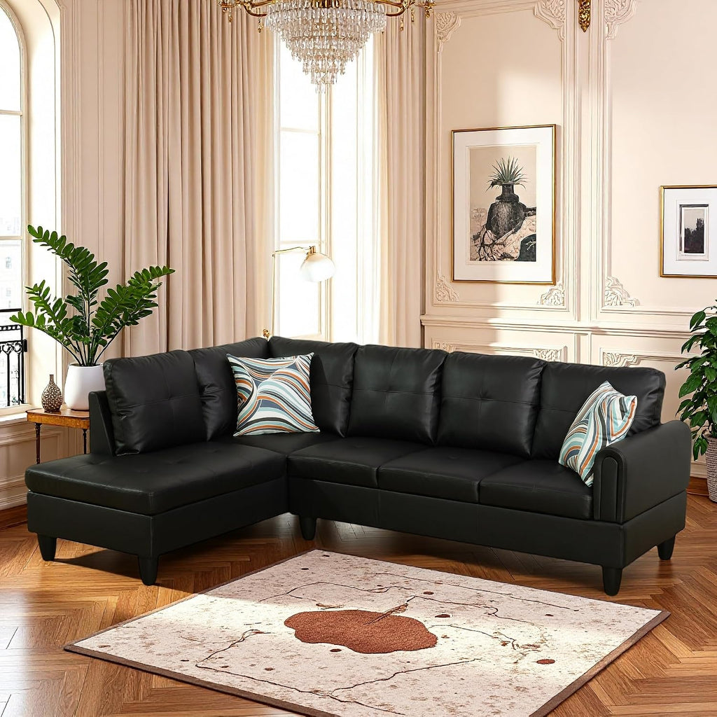 L Shaped Couch Sectional Couches with Chaise, 3 Pieces Modular Convertible Sofa for Living Room Furniture Sets and Small Apartment Faux Leather, Black