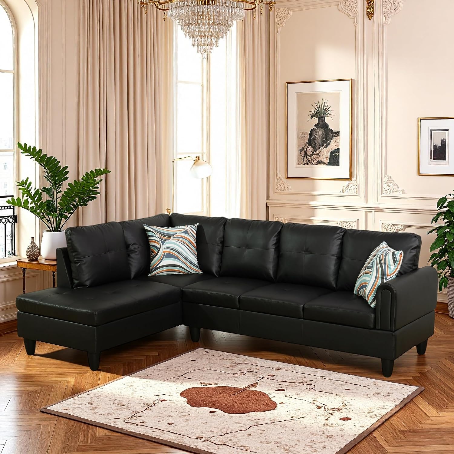 L Shaped Couch Sectional Couches with Chaise, 3 Pieces Modular Convertible Sofa for Living Room Furniture Sets and Small Apartment Faux Leather, Black