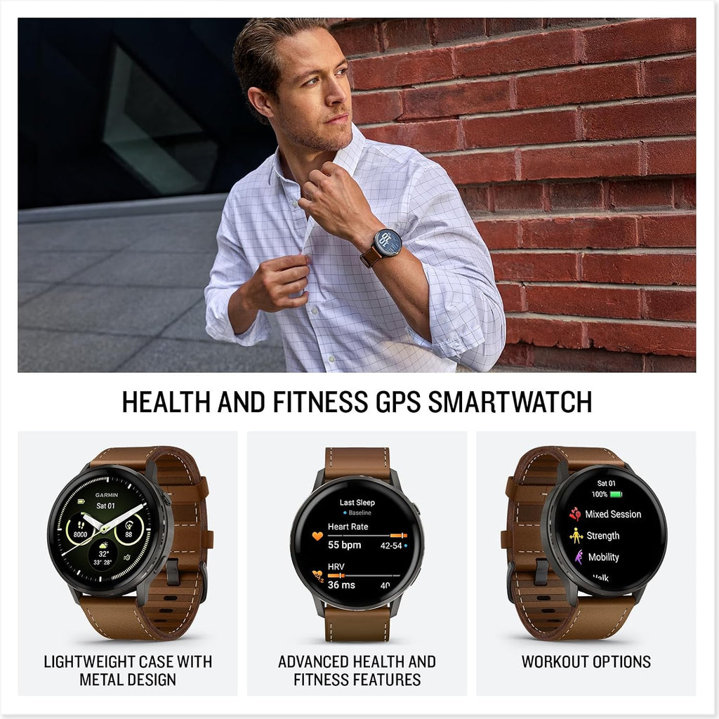 Garmin Venu 4, 45mm, Advanced Fitness Tracker GPS Smartwatch, 1.4' AMOLED Display, Built-in Flashlight, 12 Days of Battery Life, Slate with Brown Leather Band (Watch Bundle)