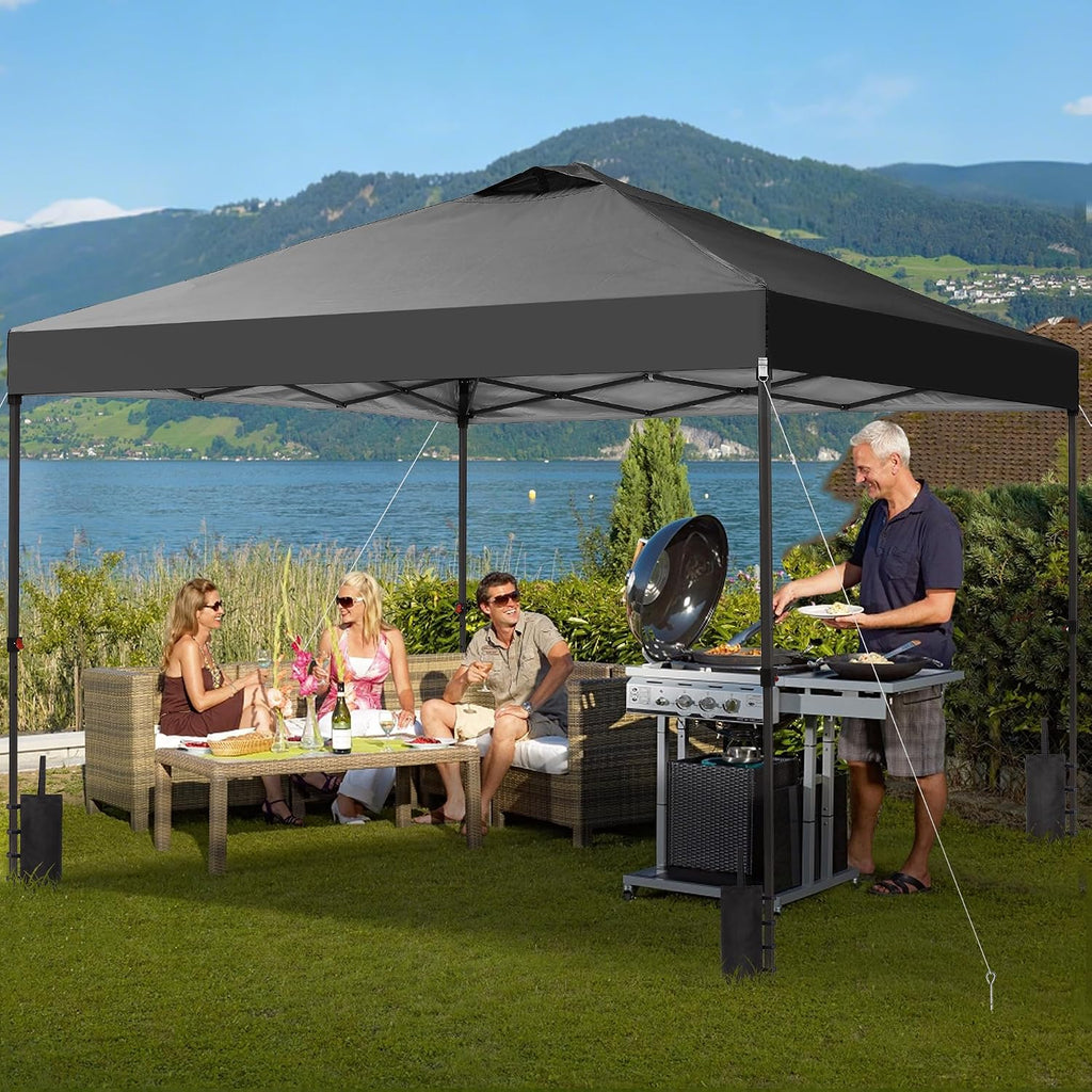 GDY 12x12 Pop Up Canopy Patio Carpas, One Push Set up with Central Lock Canopy with Wheeled Carry Bag, Included 4 Sandbaogs,8 Stakes and 4 Ropes, Black