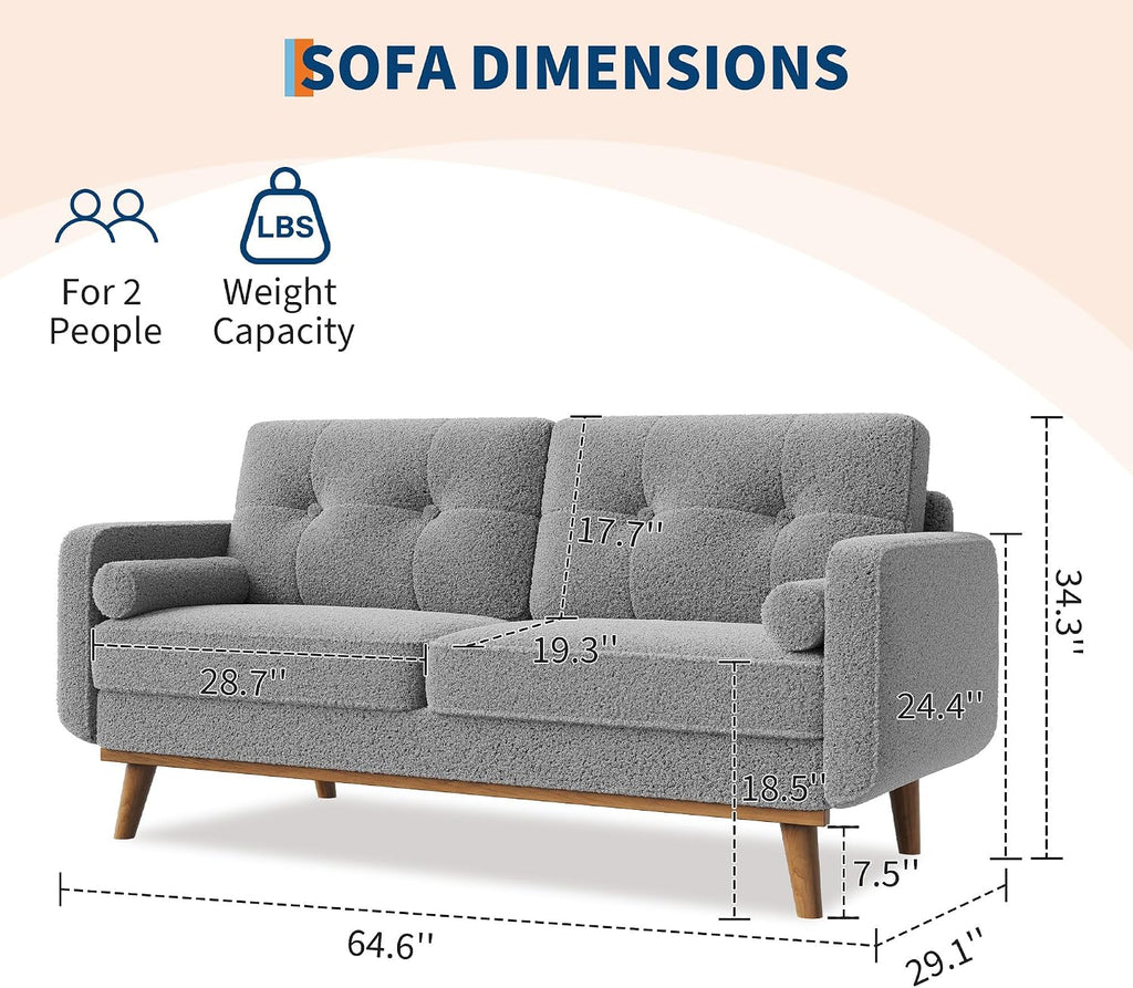 IDEALHOUSE 65' Mid Century Modern Couch Sofa Loveseat, Comfy Love Seat Couches for Living Room, 2 Seater Teddy Fleece Boucle Upholstered Deep Seat Couch for Bedroom Office Small Space, Gray