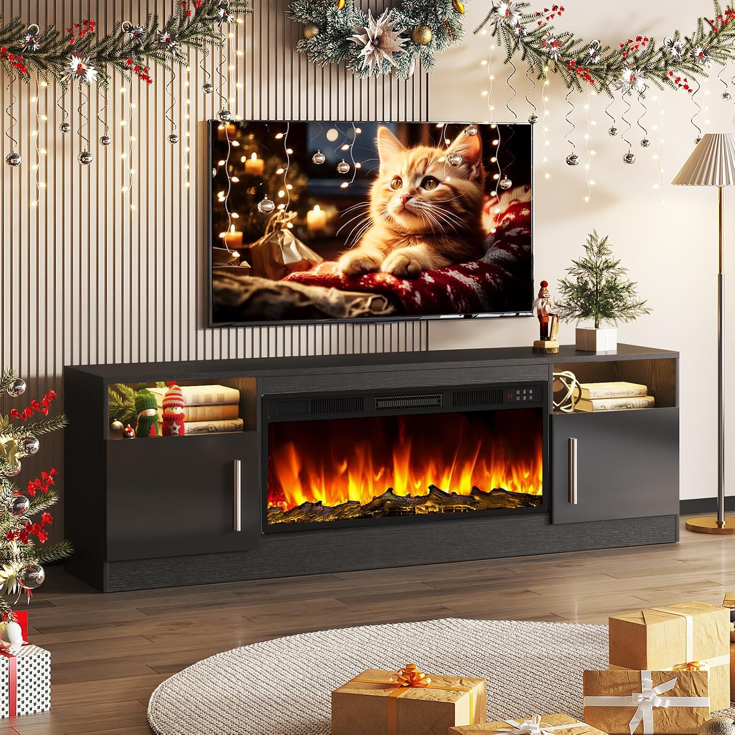 Tavata Fireplace TV Stand Entertainment Center with 36' Fireplace, 70' Wooden TV Stand for TVs Up to 80', Media TV Console with High Gloss Storage Cabinet and 16 Colors LED Lights (Black)