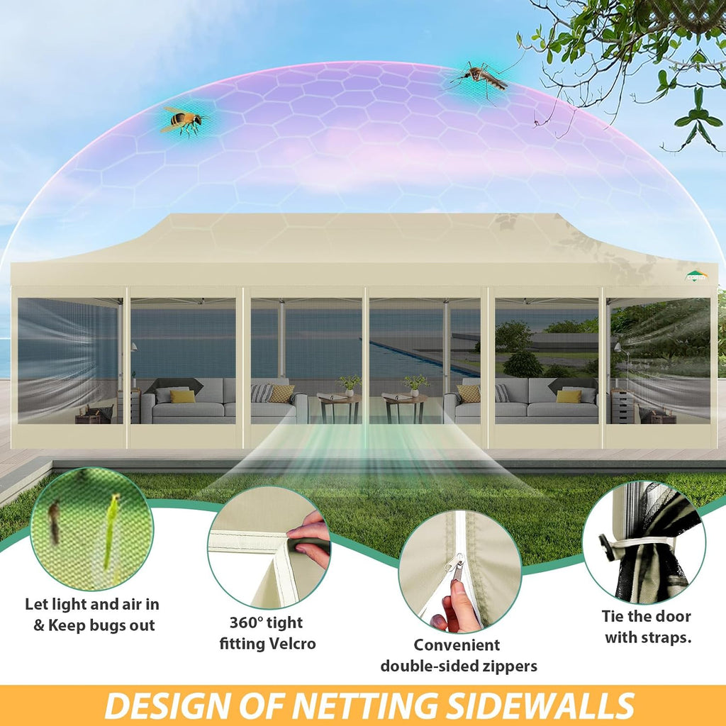 COBIZI 10x30 Pop Up Canopy with Sidewalls, Heavy Duty Canopy with Mosquito Netting, Easy up Screen Party Tents for Parties Backyard Outdoor Commercial Event Gazebo with Roller Bag, Sandbags, Khaki