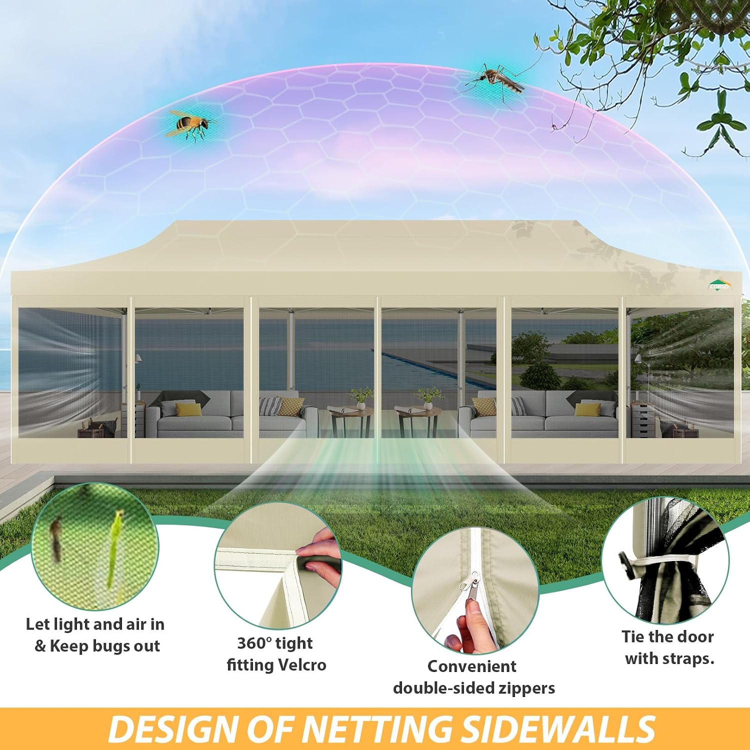 COBIZI 10x30 Pop Up Canopy with Sidewalls, Heavy Duty Canopy with Mosquito Netting, Easy up Screen Party Tents for Parties Backyard Outdoor Commercial Event Gazebo with Roller Bag, Sandbags, Khaki