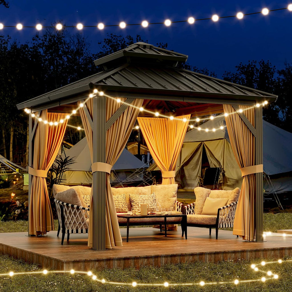 Garvee 10x10 ft Hardtop Gazebo, Outdoor Heavy Duty Galvanized Aluminum Framed Double Roof Pavilion with Netting and Curtains, Waterproof Metal Roof Gazebo for Backyard, Patio, Deck and Poolside, Brown