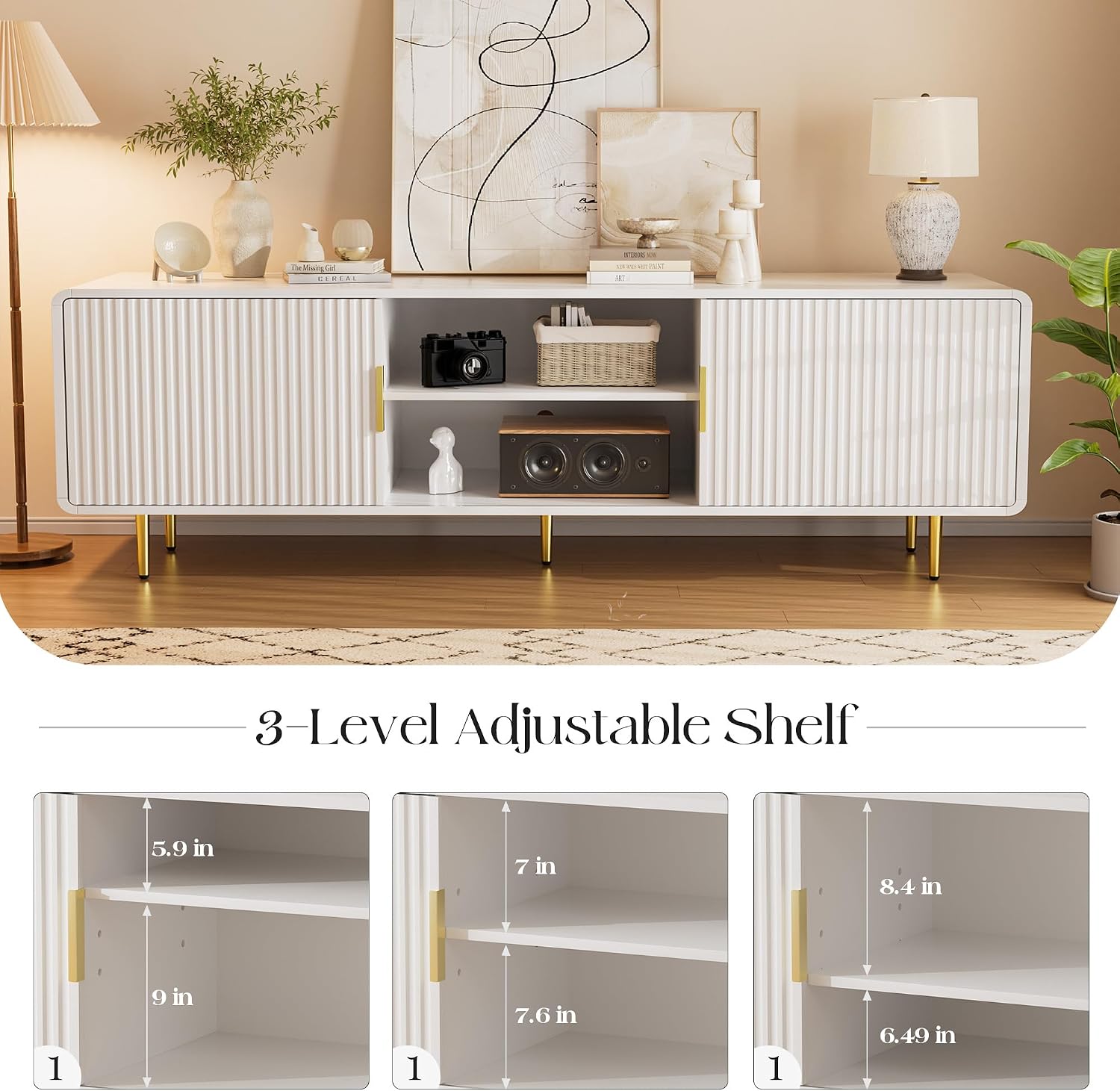 TV Stand for 65 Inch TV, Fluted TV Stand with Curved Profile Design, White Modern Entertainment Center TV Console Table with Sliding Doors & Adjustable Shelves, TV Stand for Living Room Bedroom, White