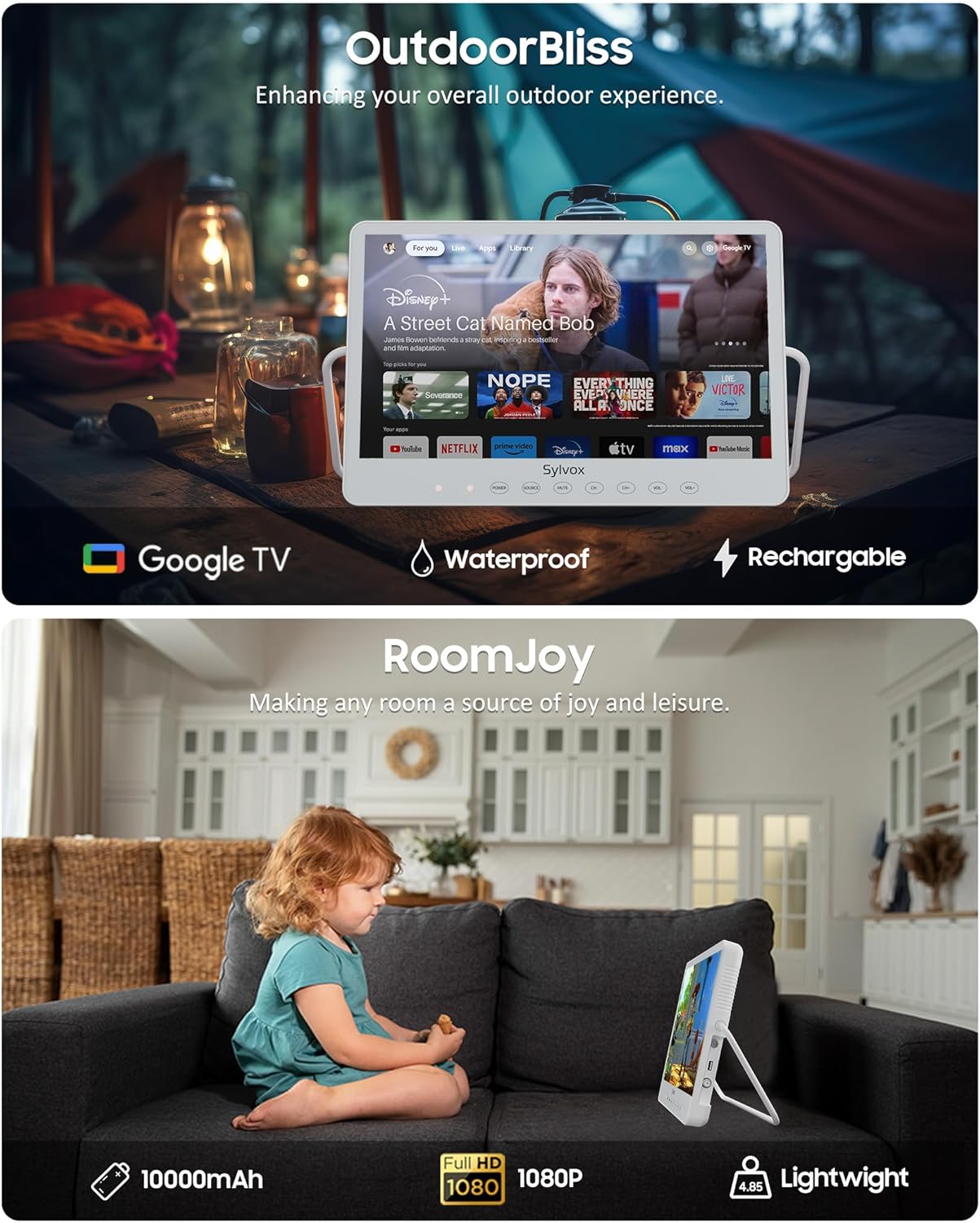 SYLVOX Portable TV, 15.6'' Google TV, IP66 Waterproof, 1080P Small Smart Television with Google Assistant Remote | 10000mAh Battery-Powered TV for Kitchen, RV and More