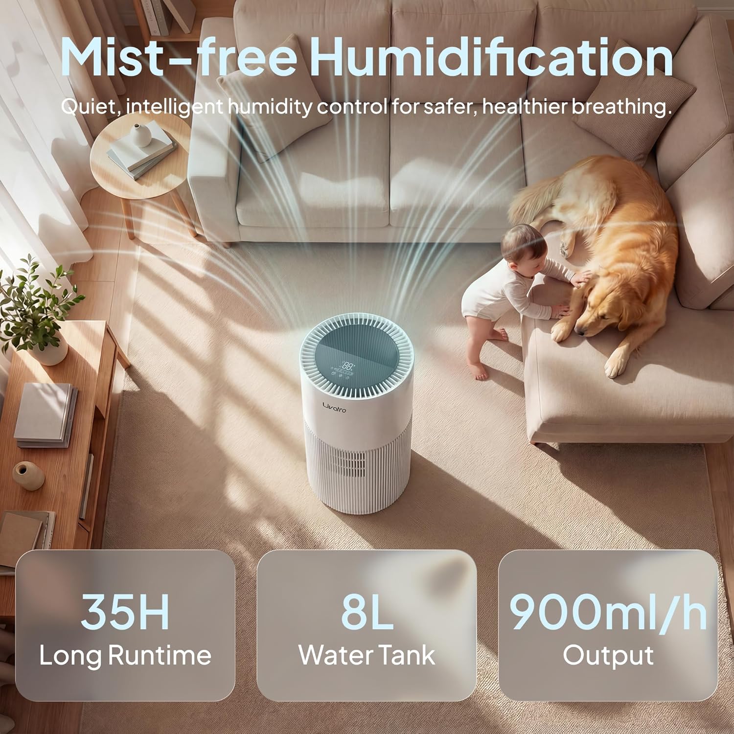 8L Evaporative Humidifier for Large Rooms up to 1000 ft²- Baby Elderly& Pet Safe Cool Evaporation, 900ml/h Output, UV Disinfection, Easy Top Fill,UltraQuiet 28dB, Smart AI Humidity Control Upgraded