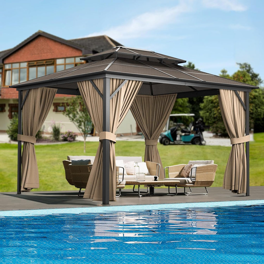 13' x 10' Hardtop Gazebo with Double Roof - Heavy Duty Aluminum Frame, All-Weather Canopy with Netting for Patio/Garden/Poolside (Khaki)