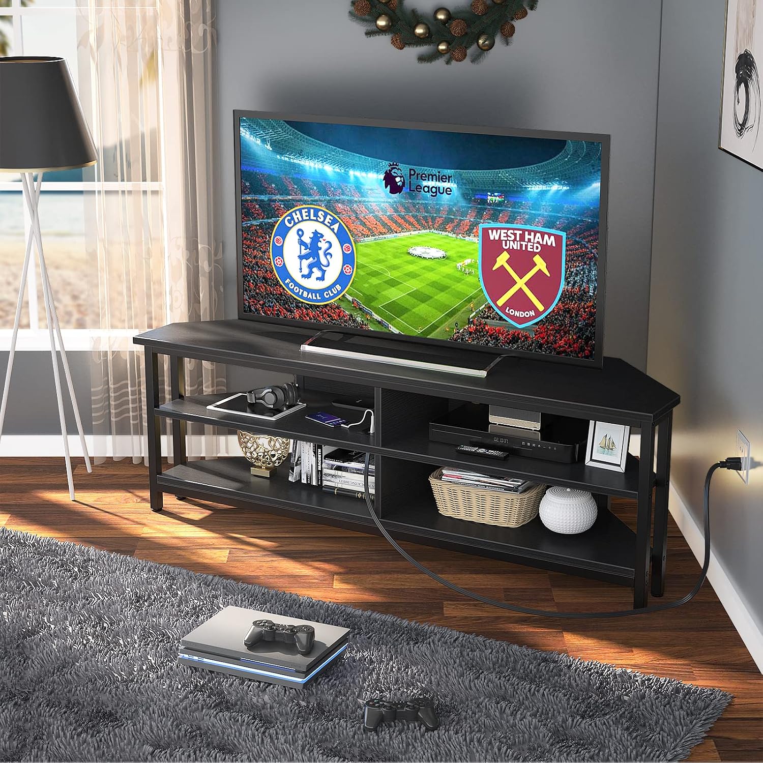 Unikito Corner TV Stand With Power Outlet, Corner Entertainment Center Corner TV Table With 4 Open Storage Corner TV Cabinet Wood TV Stand For Living Room,Bedroom Corner TV Stand For 55 inch TV, Black