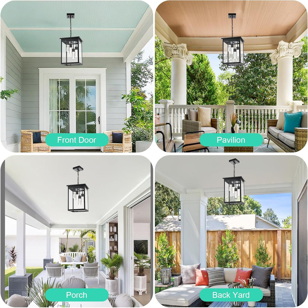 Yaohong 16.7' Large 5CCT LED Outdoor Pendant Light, 4-Lights Modern Black Hanging Ceiling Fixture with Acrylic Column & Clear Glass, Weatherproof Chandelier for Porch Gazebo Patio Entryway
