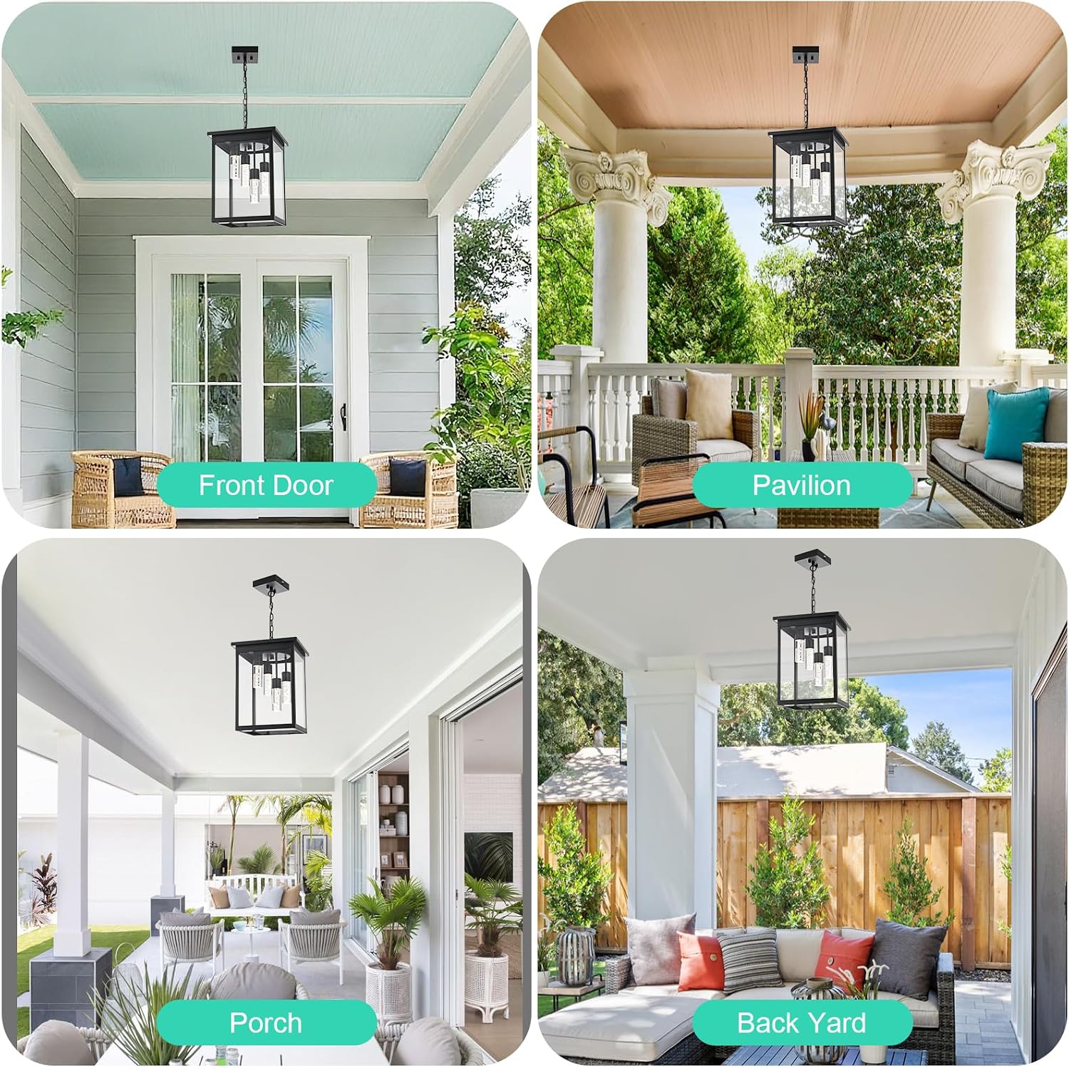 Yaohong 16.7' Large 5CCT LED Outdoor Pendant Light, 4-Lights Modern Black Hanging Ceiling Fixture with Acrylic Column & Clear Glass, Weatherproof Chandelier for Porch Gazebo Patio Entryway