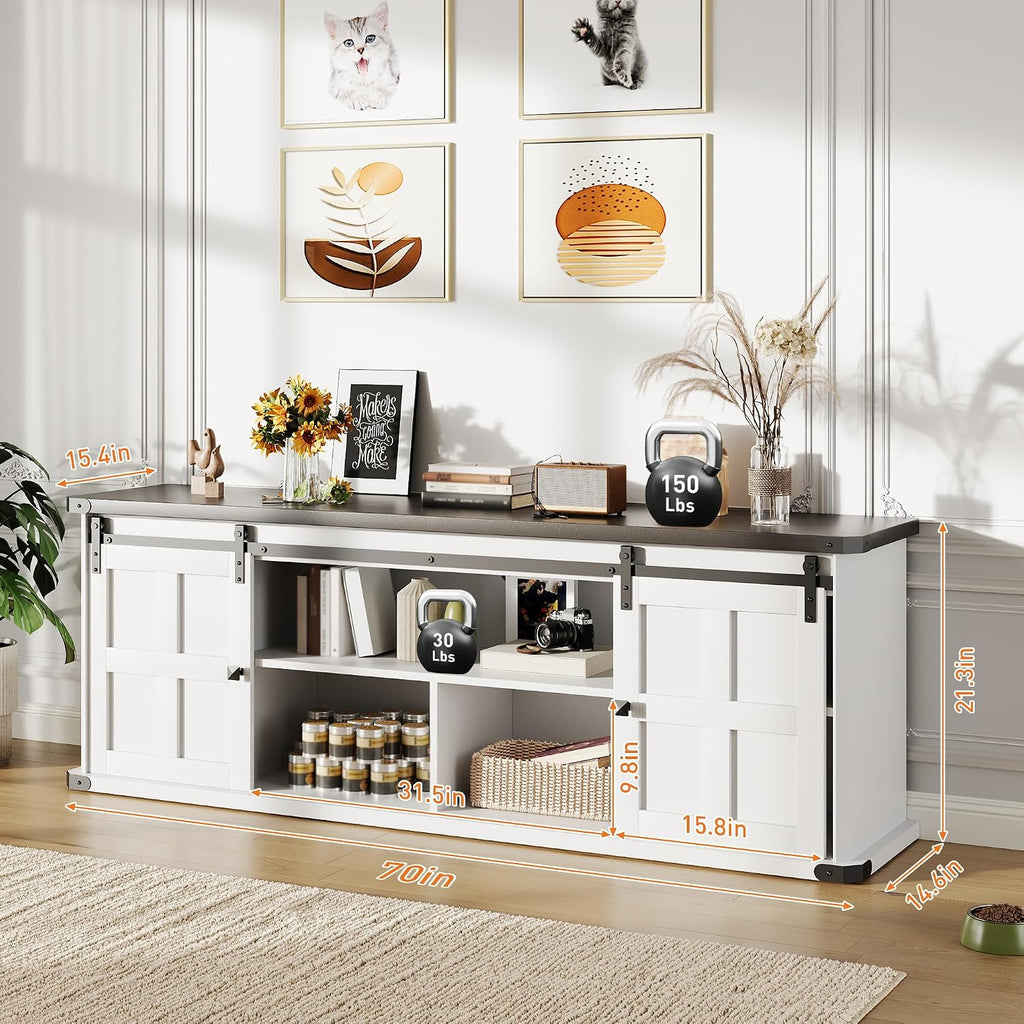 GarveeHome 70 in Farmhouse TV Stand for 75 in TVs, Modern Entertainment Center with Sliding Barn Doors, Modern Media TV Console Table, Wood Long TV Stand for Living Room