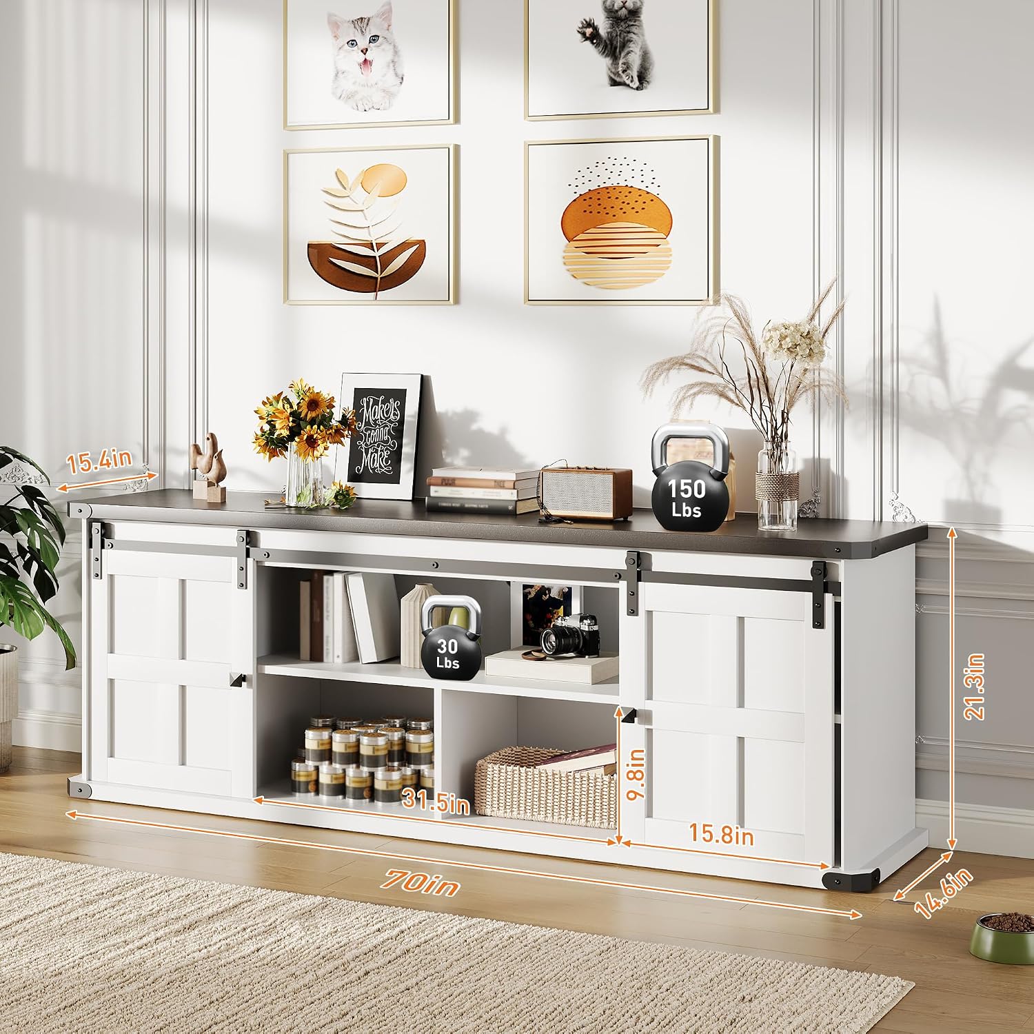 GarveeHome 70 in Farmhouse TV Stand for 75 in TVs, Modern Entertainment Center with Sliding Barn Doors, Modern Media TV Console Table, Wood Long TV Stand for Living Room