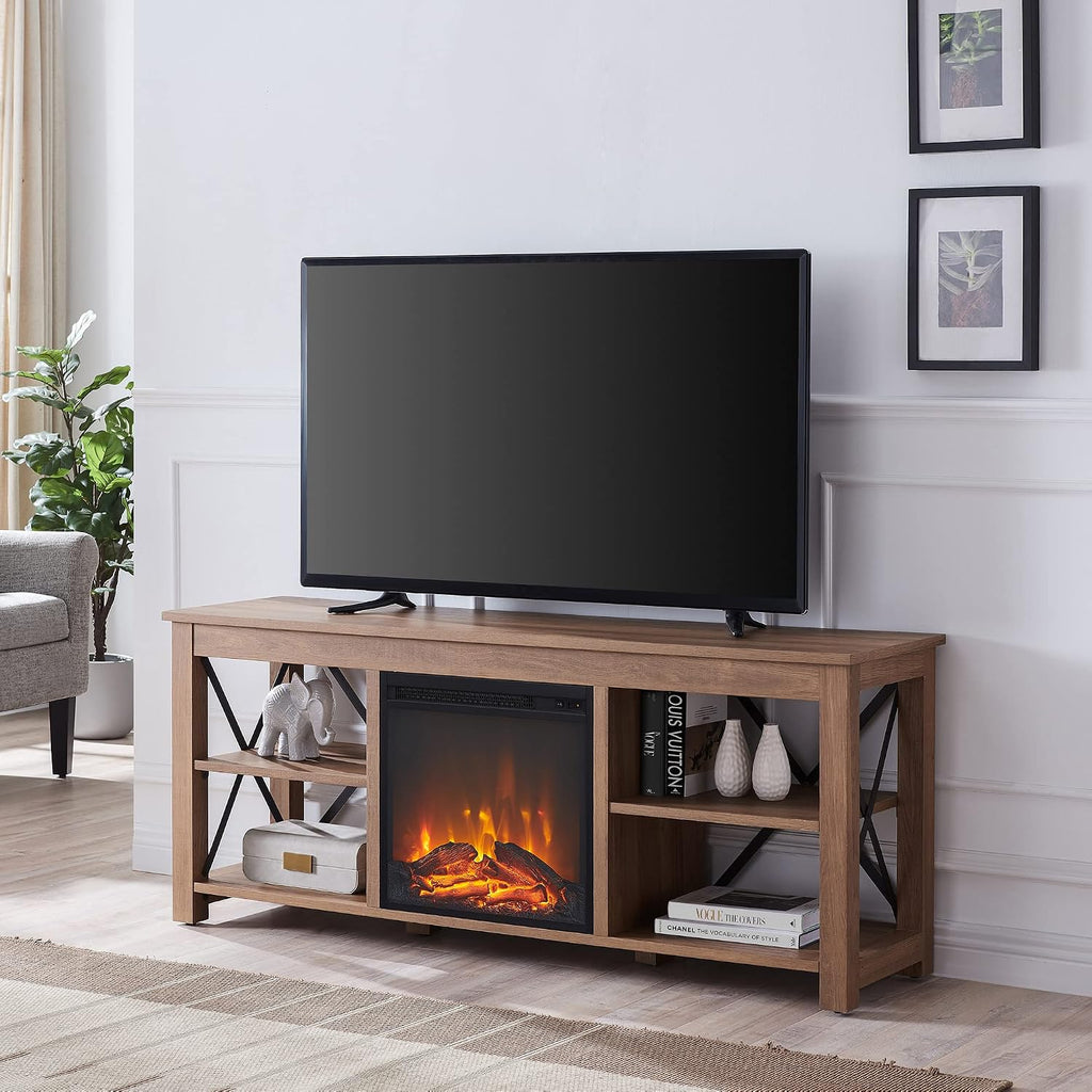 Henn&Hart Rectangular TV Stand with Log Fireplace for TV's up to 65' in Golden Brown, TV Stands for the Living Room