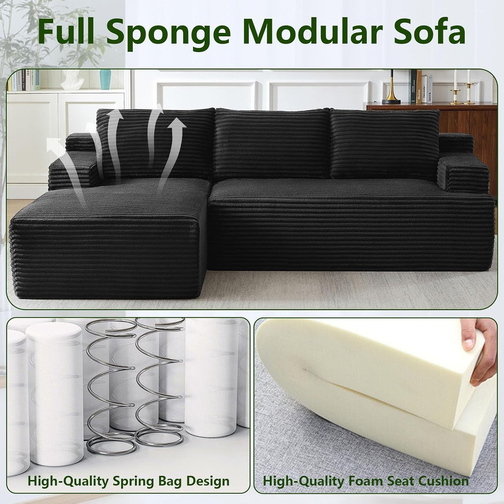 96' Modular Sectional Sofa, Modern Corduroy Cloud Couch with Side Pockets, Boneless Couch Upholstered 3-Seater L-Shaped Sofa for Living Room, No Assembly Required (Black, Left-Facing Chaise)
