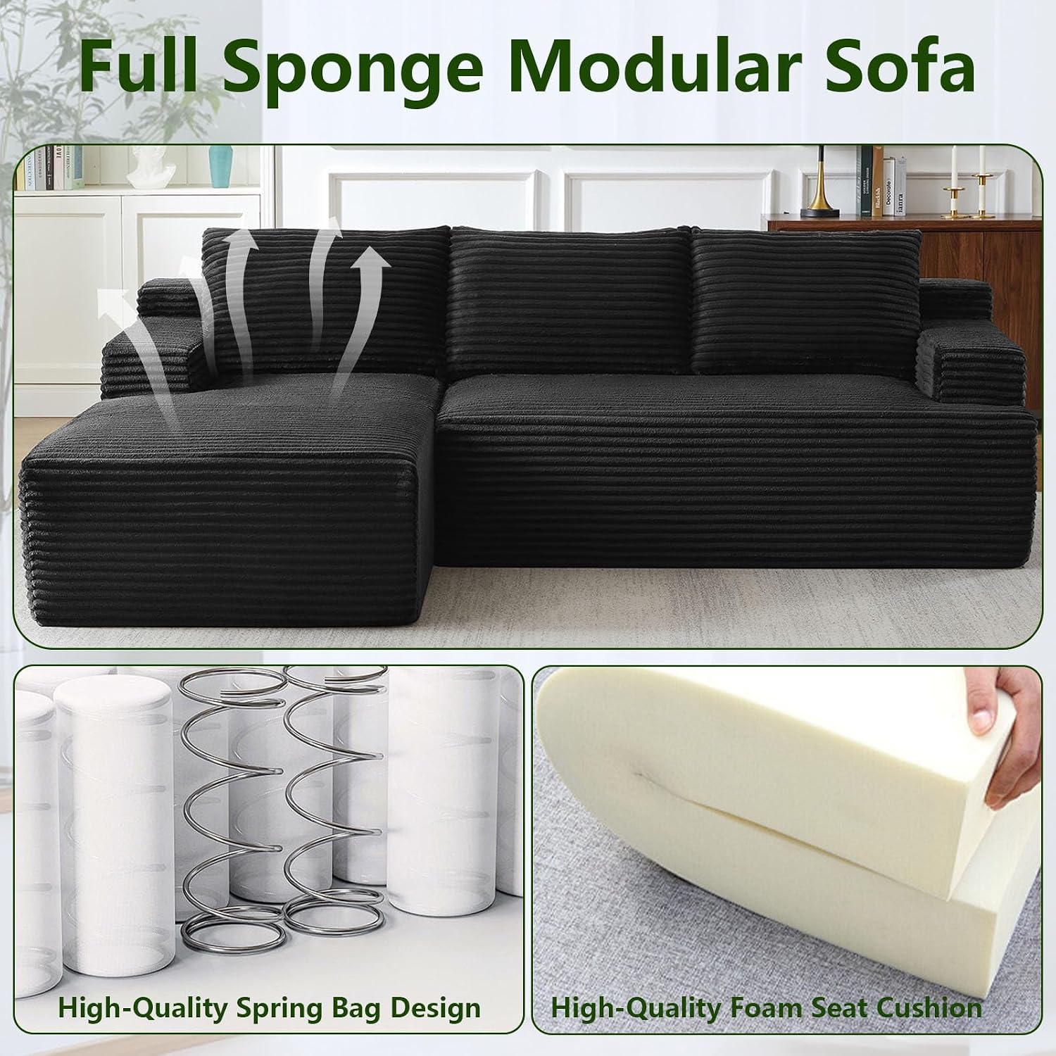 96' Modular Sectional Sofa, Modern Corduroy Cloud Couch with Side Pockets, Boneless Couch Upholstered 3-Seater L-Shaped Sofa for Living Room, No Assembly Required (Black, Left-Facing Chaise)