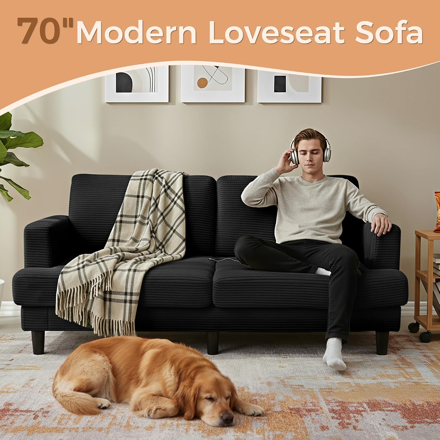MAKIAAP 70' Loveseat Sofa for Living Room, Comfy Corduroy Couch with USB & Type-C Ports, Modern 2-Seater Deep Seat Small Couch for Bedroom, Apartment, Office – Soft Cushions & Sturdy Frame (Black)