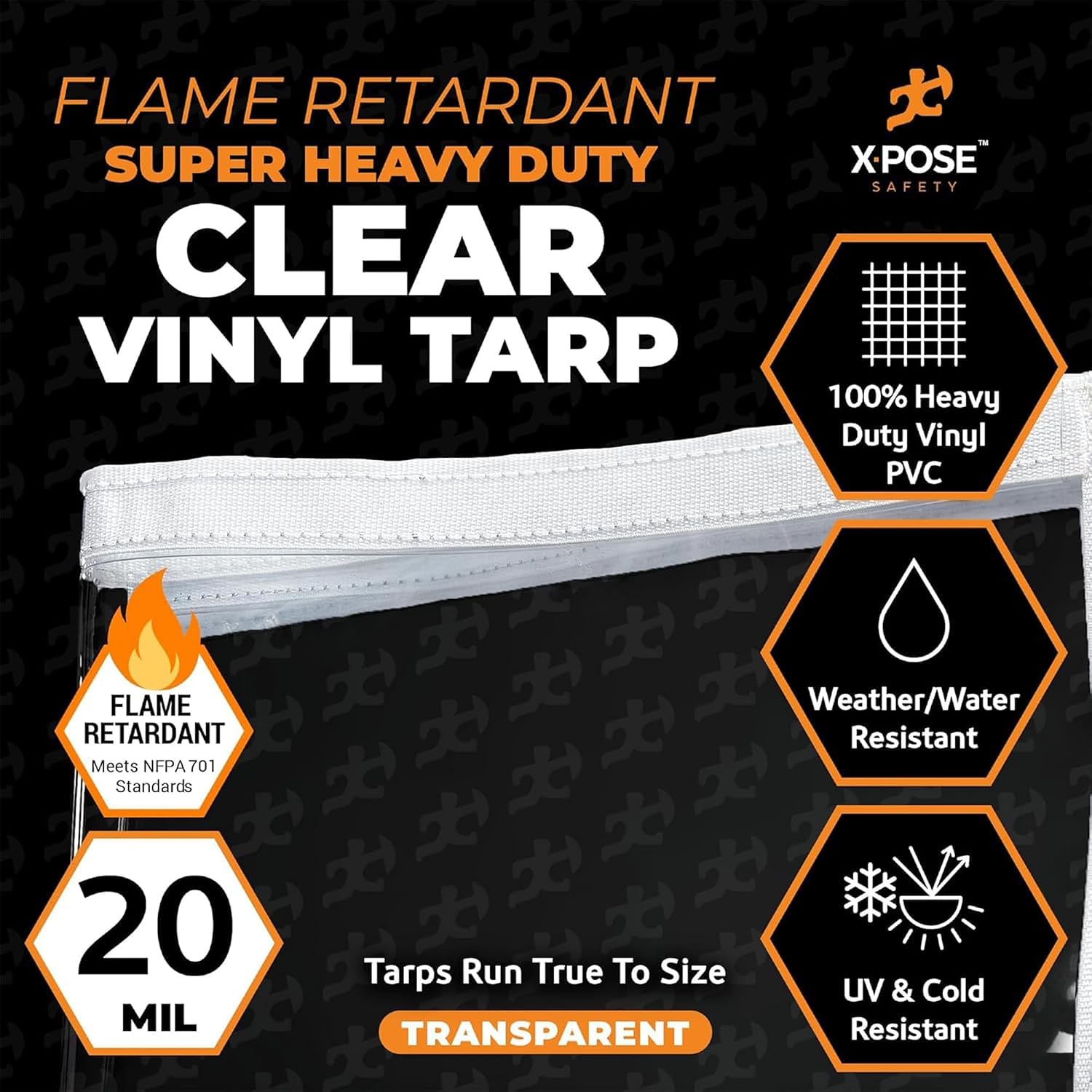 8' x 15' Clear Vinyl Tarp - Fire Retardant 20 Mil Super Heavy Duty Transparent Waterproof PVC Tarpaulin with Brass Grommets - for Patio Enclosure, Temporary Wall, Multipurpose - by Xpose Safety