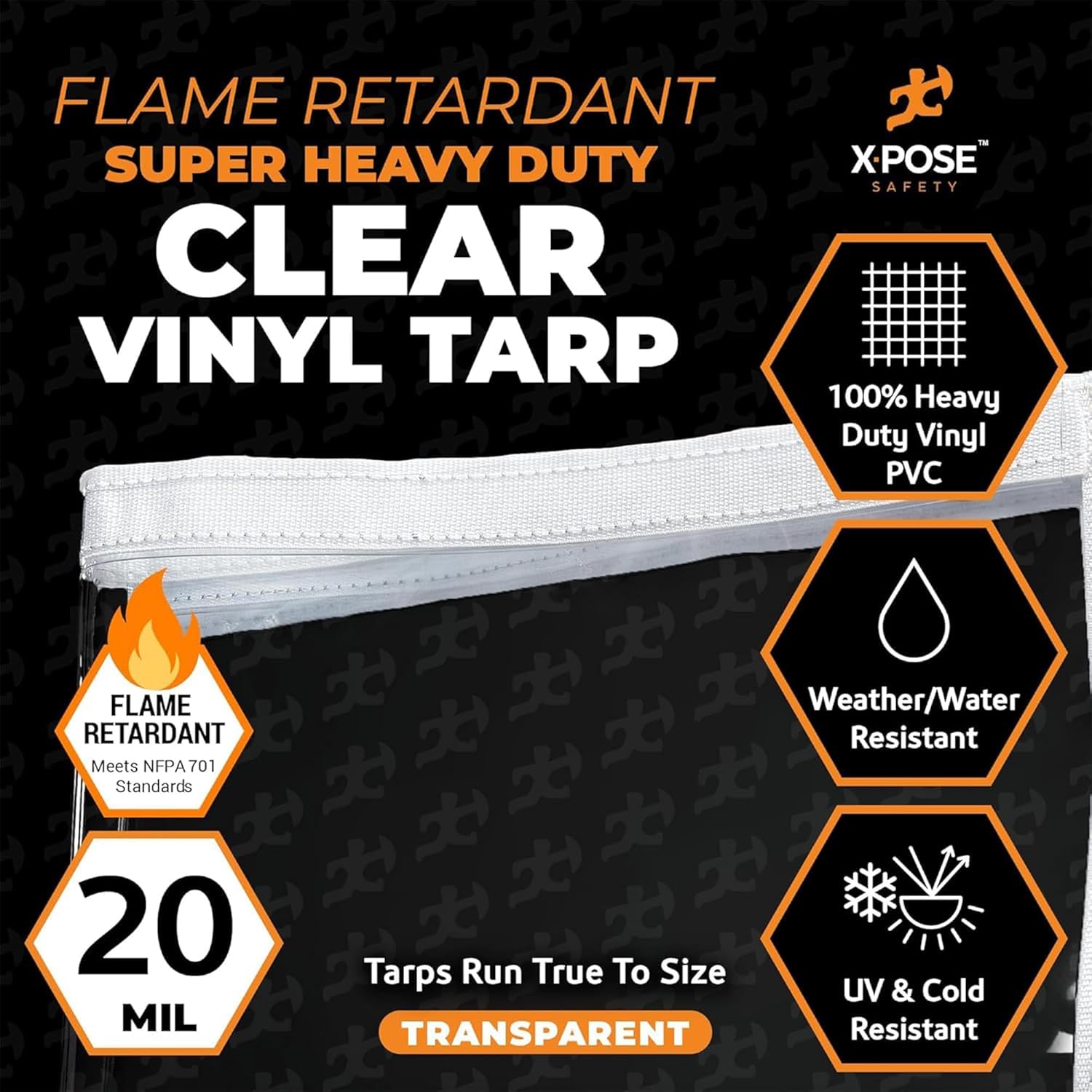 10' x 20' Clear Vinyl Tarp - Fire Retardant 20 Mil Super Heavy Duty Transparent Waterproof PVC Tarpaulin with Brass Grommets - for Patio Enclosure, Temporary Wall, Multipurpose - by Xpose Safety