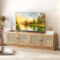 Giantex Farmhouse TV Stand for TVs up to 75', 4-Door PE Rattan Entertainment Center w/ 2 Cabinets, Adjustable Shelves, 8 Cable Holes, Mid Century Modern Media Console Table for Living Room, TV Cabinet