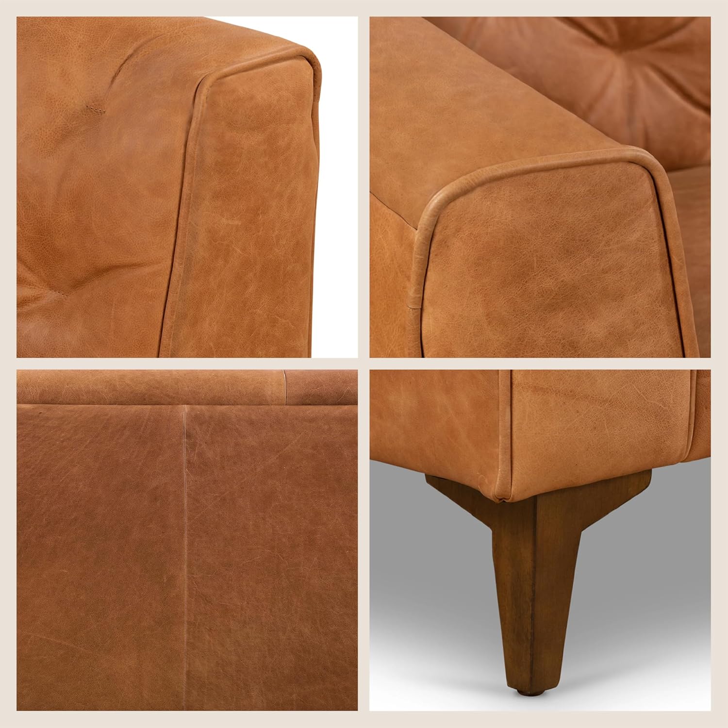 Poly & BARK Essex 74' Leather Apartment Sofa – Mid-Century Tufted Design, Full-Grain Italian Leather, Feather-Down Cushions, Cognac Tan