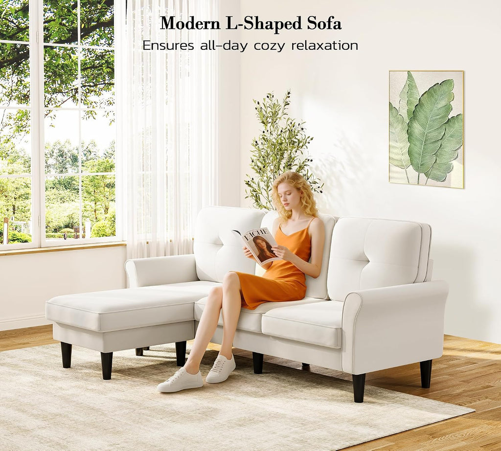 Kidirect 83' Sectional Couch, Velvet L-Shaped Couch 3 Seater Sectional Couches for Living Room, Comfy Fluffy Deep Seat Loveseat, Modular Sectional Sofa with Ottoman for Apartment Office, White Couch